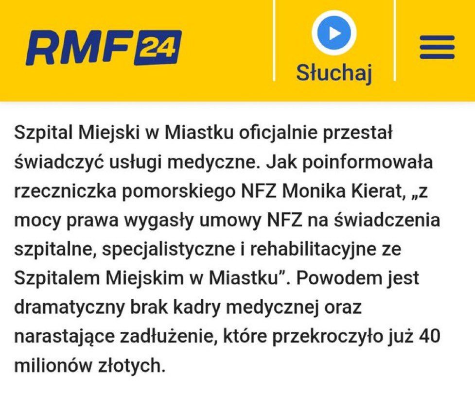 PiotrKusznieruk's tweet photo. Szpital Miejski w Miastku przestał świadczyć usługi medyczne. Umowy z NFZ wygasły, placówka ma ponad 40 mln zł zadłużenia, a jednym z powodów obecnego kryzysu jest brak kadry.
I teraz przypomnijmy, co działo się tam wcześniej.
Według ujawnionych informacji 10 stycznia 2025 r. jeden lekarz miał wykonać w ciągu niespełna 12 godzin aż 73 zabiegi neurochirurgiczne. Prywatna spółka organizująca te świadczenia miała otrzymywać 65% wyceny, co oznacza, że za pracę tego jednego lekarza mogła wystawić rachunek na ponad 300 tys. zł za jeden dzień. Wychodzi blisko 26 tys. zł za godzinę. 
73 zabiegi w około 12 godzin oznaczają średnio mniej niż 10 minut na jednego pacjenta.
Co więcej, według opisywanej ekspertyzy każdy z tych pacjentów powinien być po zabiegu hospitalizowany, podczas gdy oddział dysponował zaledwie 19 łóżkami. Konsultant wojewódzki miał również zakwestionować sposób wyceny części świadczeń. Sprawą zajęły się CBA, NFZ i prokuratura. 

A dzisiaj?

Nie ma szpitala. Są za to długi przekraczające 40 milionów złotych.
To jest wręcz podręcznikowy przykład tego, co dzieje się, kiedy publiczna ochrona zdrowia przestaje być systemem leczenia pacjentów, a zaczyna być systemem „generowania przychodów”, w którym zabrakło skutecznego nadzoru nad tym, za co, komu i dlaczego płaci się publiczne pieniądze.
Najbardziej gorzka ironia polega na tym, że przez lata słyszymy, iż szpitale upadają, bo „nie ma pieniędzy”. Tymczasem w Miastku pieniądze potrafiły się znaleźć na świadczenia generujące dla zewnętrznej spółki rachunek rzędu 300 tys. zł za dzień pracy jednego lekarza.
Dzisiaj rachunek za ten system dostają już nie lekarze, menedżerowie ani pośrednicy.
Dostają go mieszkańcy, którzy zostali bez szpitala.
I dlatego sprawa Miastka nie powinna zakończyć się stwierdzeniem: „szpital był zadłużony”. Trzeba dokładnie ustalić, kto podpisywał te umowy, kto akceptował rozliczenia, kto sprawował nadzór, kto na tym zarabiał i czy wszystkie pieniądze wypłacono zgodnie z prawem oraz za świadczenia rzeczywiście wykonane i prawidłowo zakwalifikowane.
Bo 40 mln długu nie bierze się z powietrza. A 300 tys. zł za dzień pracy jednego lekarza w zadłużonym szpitalu powinno uruchomić wszystkie możliwe czerwone lampki znacznie wcześniej niż w momencie, gdy dla pacjentów zamyka się drzwi.