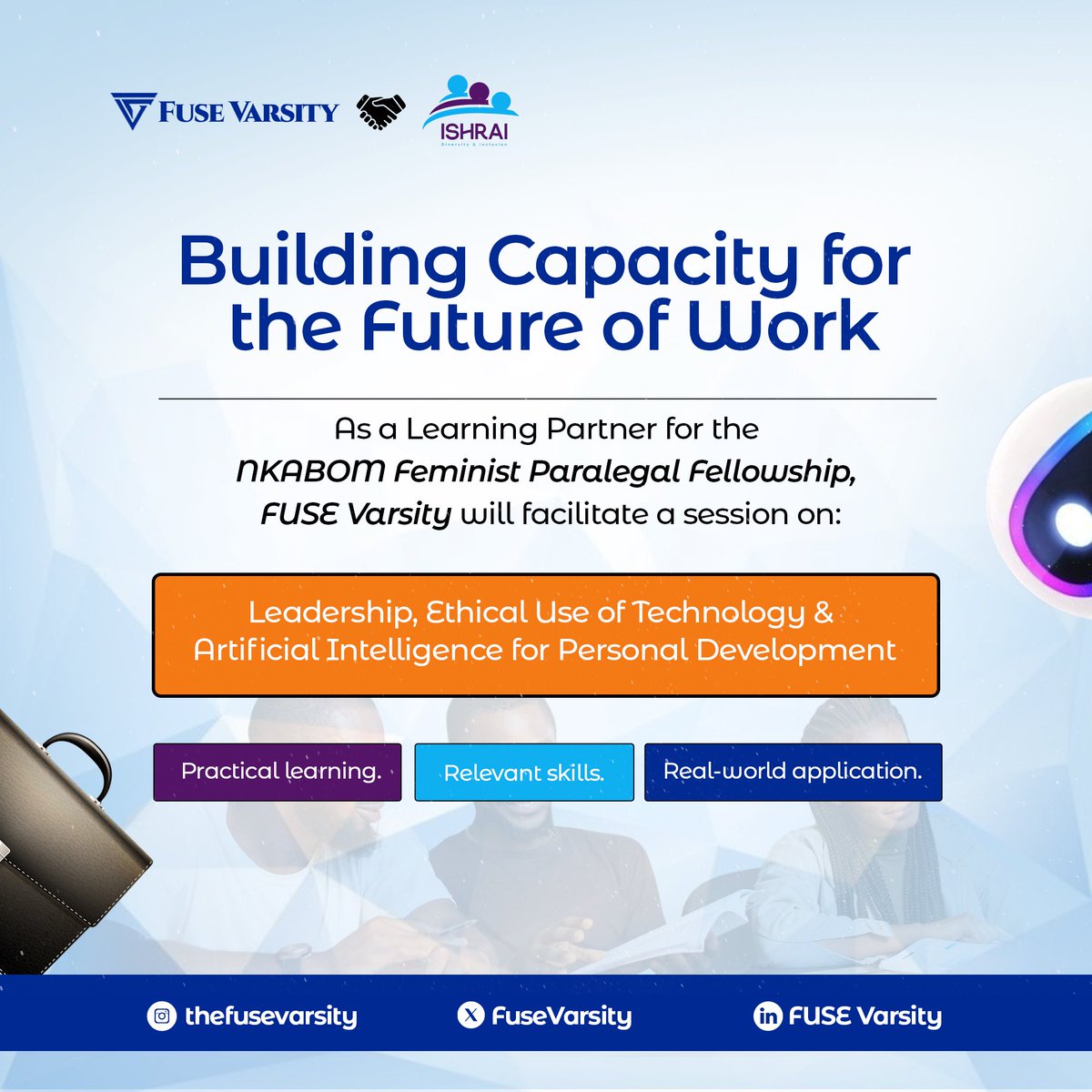hussyabubakar's tweet photo. Excited to be facilitating a two-day session with @FUSEVarsity for @ishrai_ng’s NKABOM Feminist Paralegal Fellowship, alongside Hassanat @Abubakar_Hassy. 💙

We’ll be exploring Leadership, Ethical Use of Technology &amp; AI for Personal Development. Looking forward to the sessions! https://t.co/DT9XCuq4fk