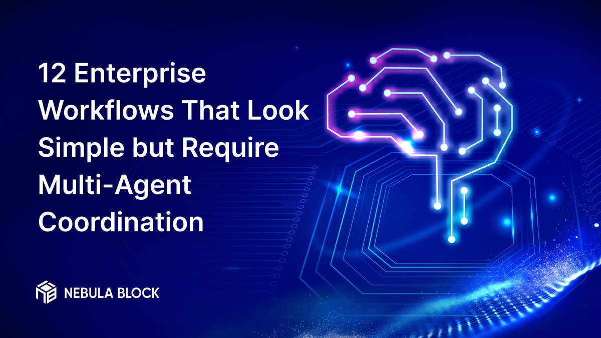 nebulablockdata's tweet photo. Many workflows look simple on the surface but actually require complex multi-agent coordination behind the scenes. 

We break down 12 real-world examples from enterprise environments. 👇👇

🔗https://t.co/h4lgTDJqeb
----
#AIAgents #AgenticAI #AIInfrastructure #EnterpriseAI #ResponsibleAI #AI #Automation #NebulaBlock