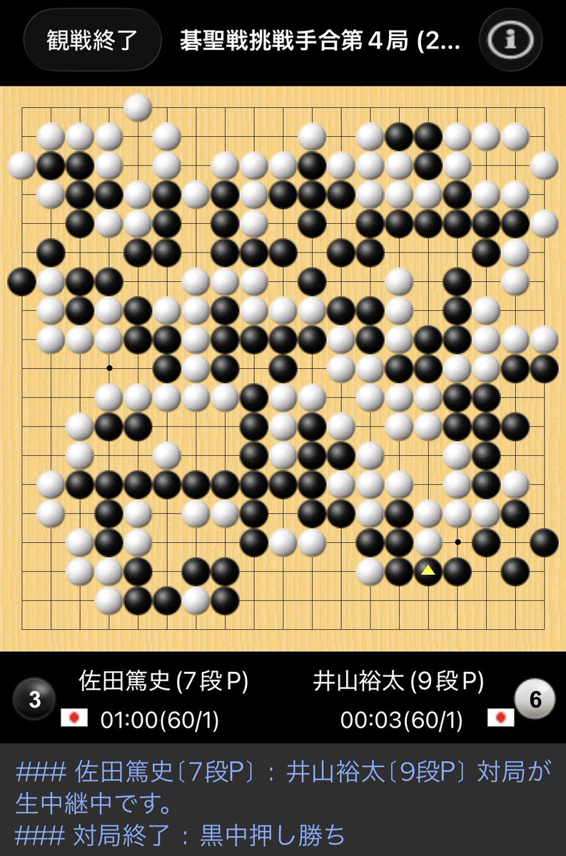 iyama_official's tweet photo. 終局いたしました。
長時間のご観戦ありがとうございました。

碁聖戦第5局(最終局)は8月21日(金)
大阪府大阪市「関西総本部」で行われます。

(管理人)

#囲碁 #圍棋 #gogame #碁聖戦
#マインドスポーツ #タイトル戦 https://t.co/EeZaqUjIdF