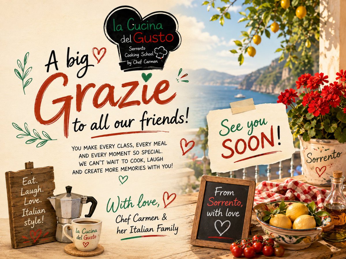 chefcarmen77's tweet photo. ☀️ Summer break time! 🇮🇹 Chef Carmen’s Cooking School will be closed **August 13–20** while Chef Carmen recharges by the sea! 🌊😎 We’ll be back soon, ready for more cooking, laughs &amp; Italian fun! 🍝❤️

#ChefCarmen #SorrentoCookingClass https://t.co/wWZxEWnnRt