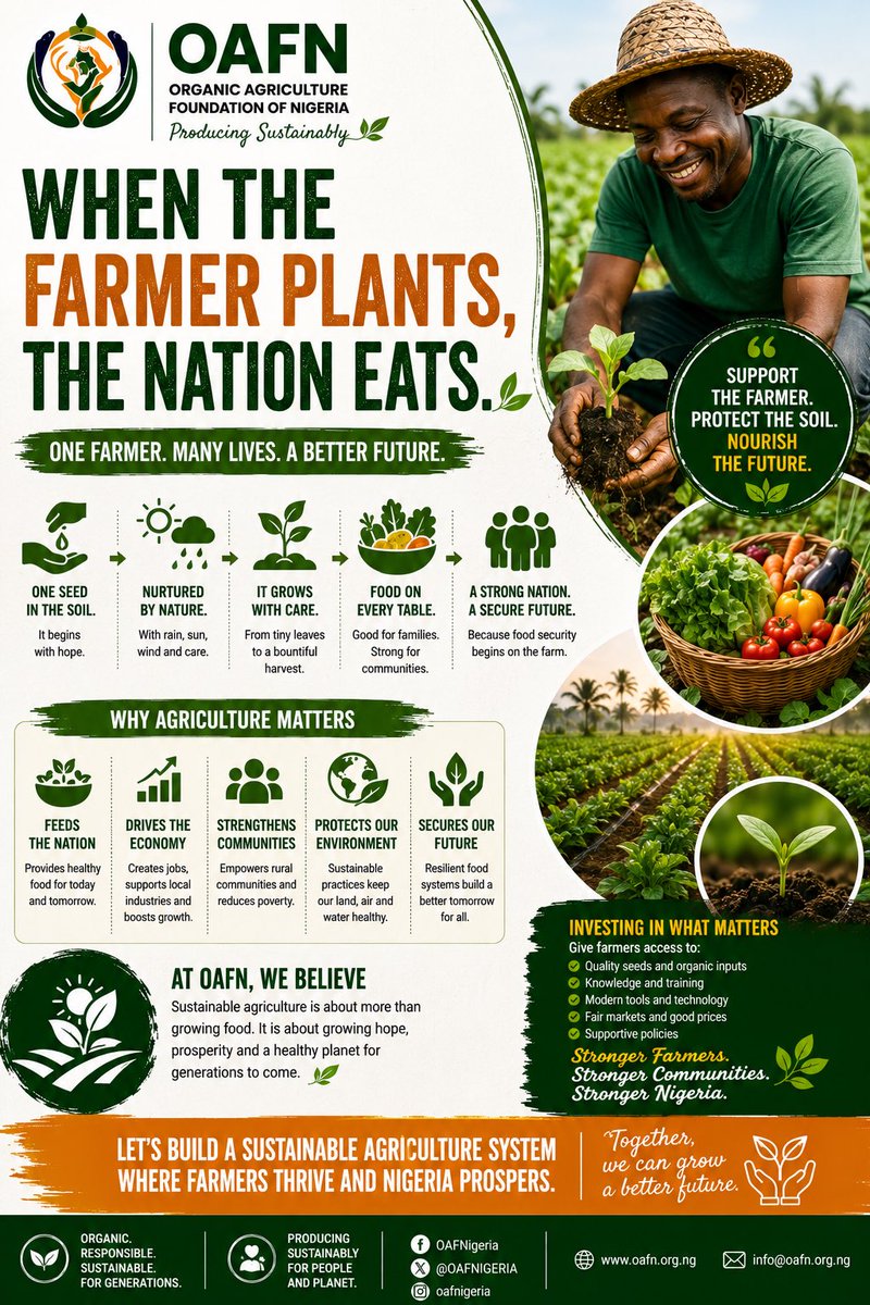 OAFN7350171's tweet photo. One seed becomes a harvest.
One farmer sustains many families.
One healthy farm strengthens a community.

Strong farmers. Strong communities. Stronger Nigeria.

#OAFN #OrganicNigeria #SustainableAgriculture #FoodSecurity #Agroecology #Farmers #ProducingSustainably https://t.co/xK2E2o86Qw