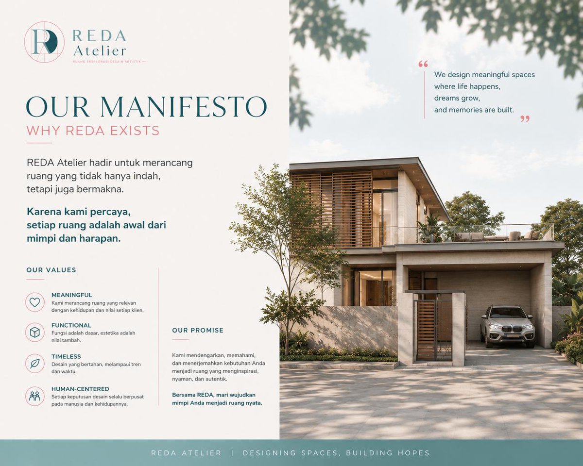 REDAAtelier's tweet photo. We design meaningful spaces — where life happens, dreams grow, and memories are built.
REDA Atelier exists to create spaces that are not only beautiful, but meaningful, functional, and deeply human.
Designing spaces, building hopes. https://t.co/9InZyTJlcq