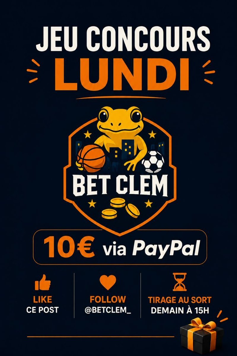 BetClem_'s tweet photo. 🎁 JEU CONCOURS LUNDI 🎉

10€ À REMPORTER EN PAYPAL 💸

POUR PARTICIPER 👇
👉 LIKE ♥️ CE POST
👉 FOLLOW @BetClem_

Tirage au sort demain à 15h00 ⏳
#TeamParieur https://t.co/Icmw94l6ar