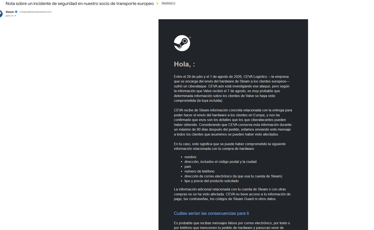 SilverPigtail_'s tweet photo. A toda la gente que haya comprado hardware en Steam, se han filtrado los datos de entrega debido a un ciberataque al CEVA. Si recibís correos solicitando datos, que sepáis que es fishing.

Imagino que a @HandleDeck le ha pasado también. https://t.co/sveJKsrRNe