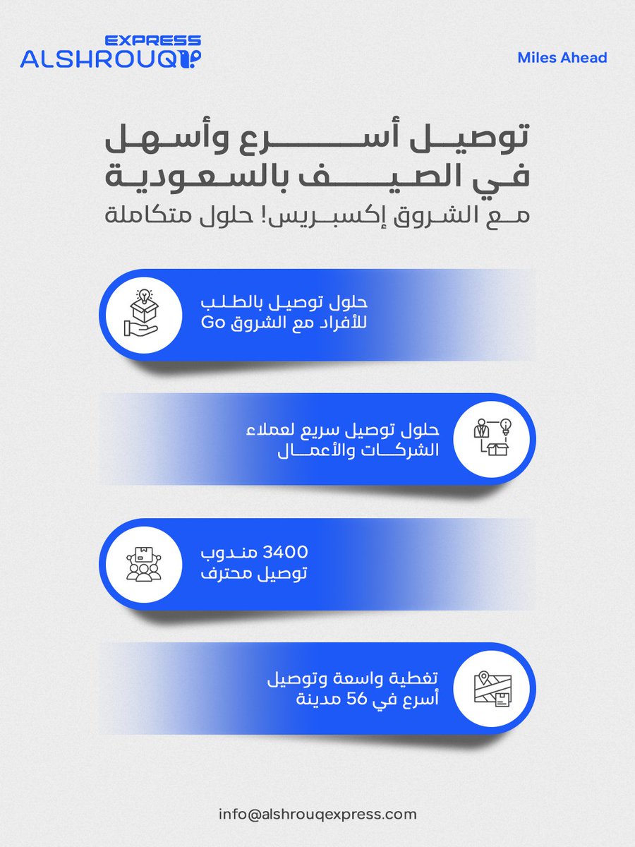 AlshrouqE's tweet photo. توصيل سريع للجميع! للأعمال وللأفراد

كل احتياجات التوصيل في مكان واحد.

أنظمة متكاملة للتوصيل، وأسطول محترف يضم ٣٤٠٠ سائق بتغطية واسعة في +٥٦ مدينة سعودية. 

تواصل معنا الآن. 
 
#الشروق_إكسبريس #شركة_توصيل_سريع_بالسعودية 
#الشروق_Go https://t.co/DI9tOFOqnI