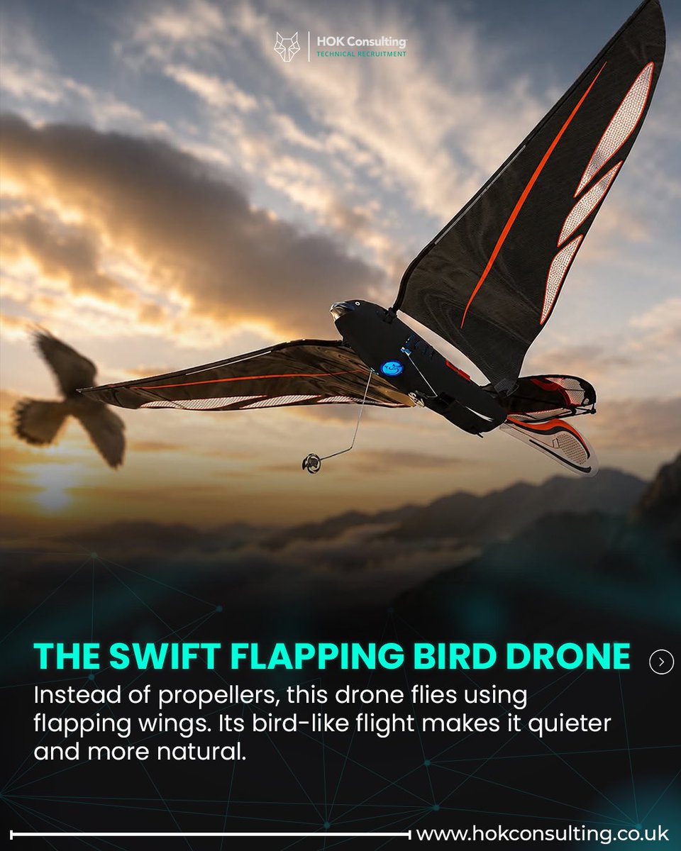 HOKConsulting's tweet photo. Drone technology is evolving far beyond traditional quadcopters, with engineers creating robotic flying machines inspired by nature to improve efficiency, agility, and real world performance. 🚁🤖

#drones #robotics #technology #engineering #future https://t.co/jTwoLk6vBc