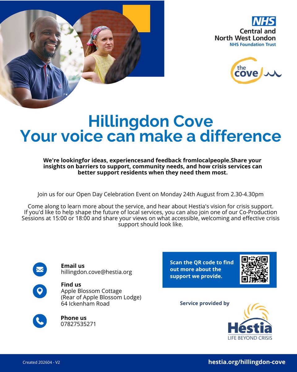CNWLNHS's tweet photo. Join us and The Coves for an afternoon wellbeing activities, information stands and the opportunity to share your feedback and help shape the future of the service. 
🗓️ Monday 24 August
🕑 14:30 – 16:30
📍 Brent, Harrow, Hillingdon and KCW Coves.
More information on the posters. https://t.co/TAjPZqJm2O
