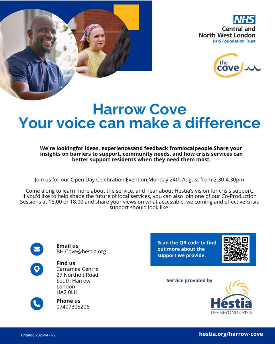 CNWLNHS's tweet photo. Join us and The Coves for an afternoon wellbeing activities, information stands and the opportunity to share your feedback and help shape the future of the service. 
🗓️ Monday 24 August
🕑 14:30 – 16:30
📍 Brent, Harrow, Hillingdon and KCW Coves.
More information on the posters. https://t.co/TAjPZqJm2O