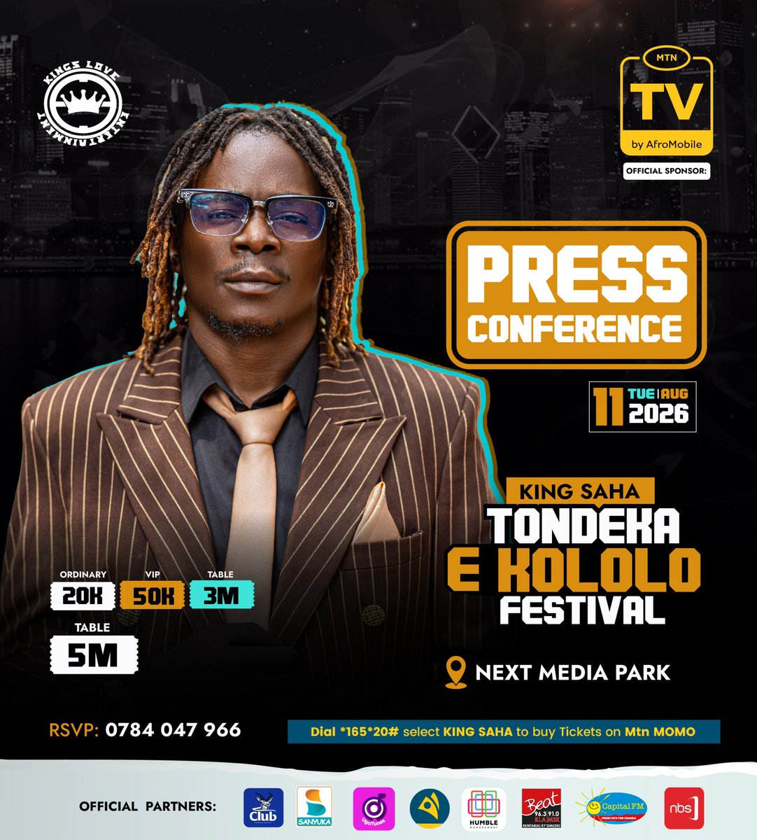 kingsaha_256's tweet photo. 🚨 PRESS CONFERENCE ALERT! 🎤🔥

Tomorrow, we meet the press as the countdown to #TondekaEKololoFestival continues!

📍 Next Media Park
📅 11th August
⏰ 11:00AM

The road to Kololo is getting real! 👑🔥

#RoadToKololo #TondekaEKololoFestival https://t.co/K8TwpVQZHU