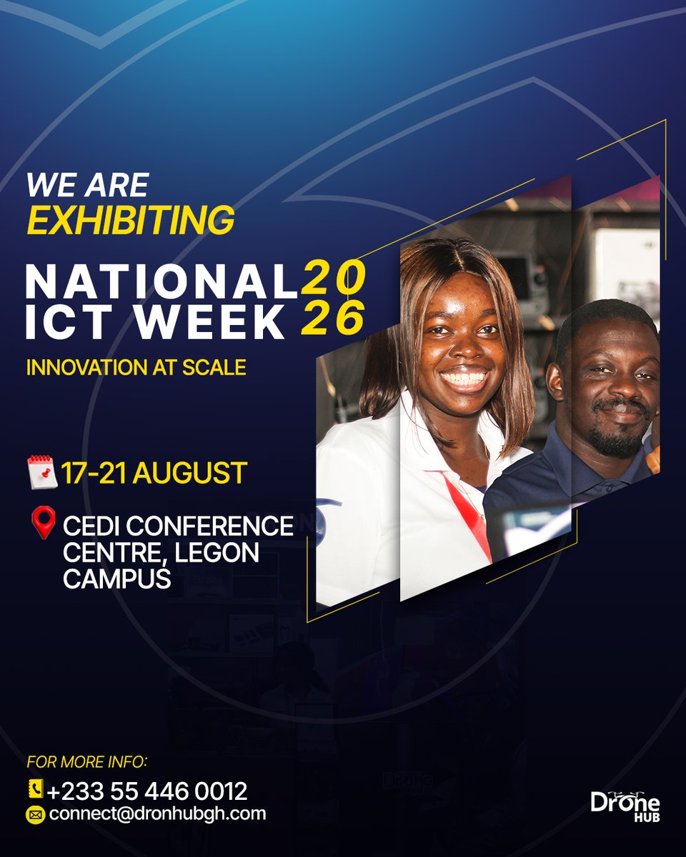 DronehubAfrica's tweet photo. Weβll be at National ICT Week 2026.
π Legon, Cedi Conference Centre
π August 17β21
Weβre bringing drones. Real use cases. Real conversations.
Come find our booth.
#NITA #ICTWeek2026 #dronehubafrica #dji #djiauthoriseddealer https://t.co/SUJzrGVXp9