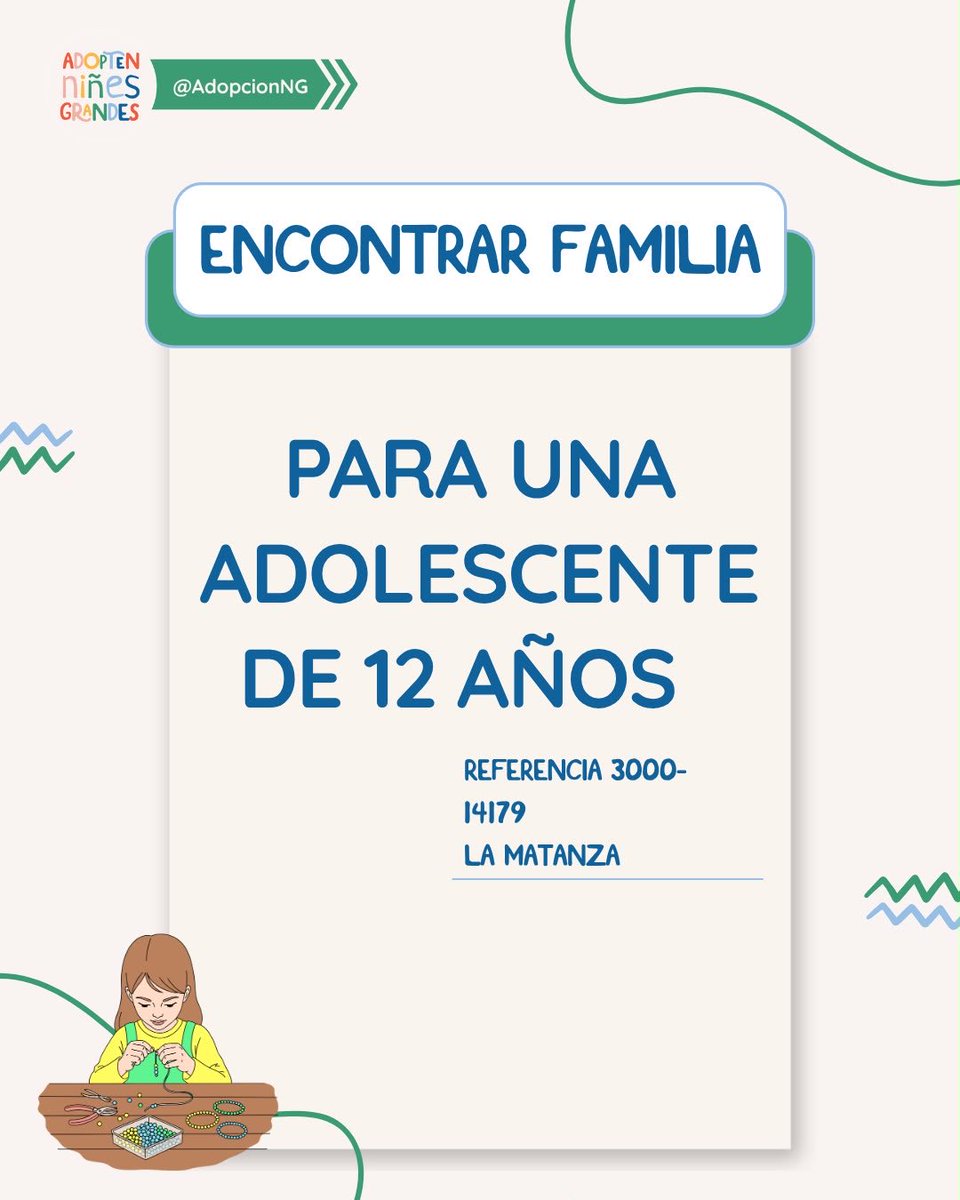 AdopcionNG's tweet photo. Úrsula tiene 12 años y busca una familia que pueda acompañarla con amor, presencia y disponibilidad afectiva.

Es sociable, cariñosa y responsable. Le gusta dibujar, hacer pulseras y las actividades manuales. También disfruta del juego y le gustaría hacer patín. https://t.co/GykO44PKL5