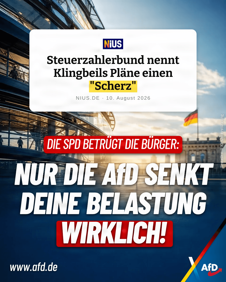 AfD's tweet photo. Der Bund der Steuerzahler nennt Klingbeils Steuerpläne einen „Scherz“ und eine „Giftliste“. Statt echter Entlastung drohen den Bürgern neue Belastungen. Fleißige Arbeitnehmer werden weiter geschröpft. Wir fordern die echte Abschaffung der kalten Progression! https://t.co/z8XEn4BKMi