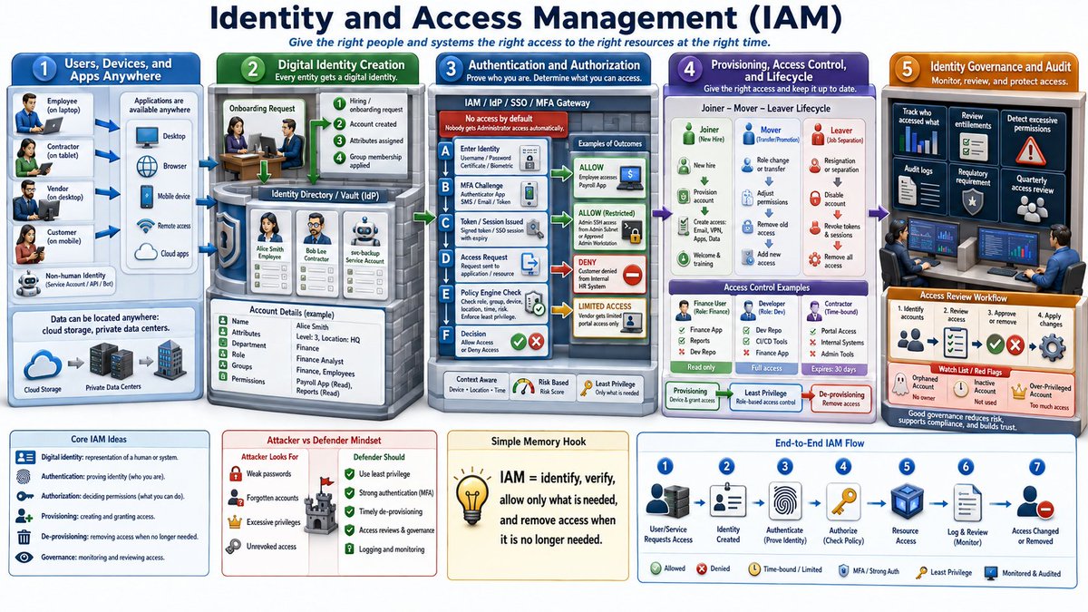 cyberway555's tweet photo. Day 66/100 Days of Cybersecurity🔏
Who should have access to what & for how long?”
That’s basically the heart of IAM.
Identify → Authenticate → Authorize → Provision → Review → Revoke.
#Cybersecurity #IAM #IdentitySecurity #SecurityPlus #iam #identityandaccessmanagement https://t.co/xiUXxOAyj7
