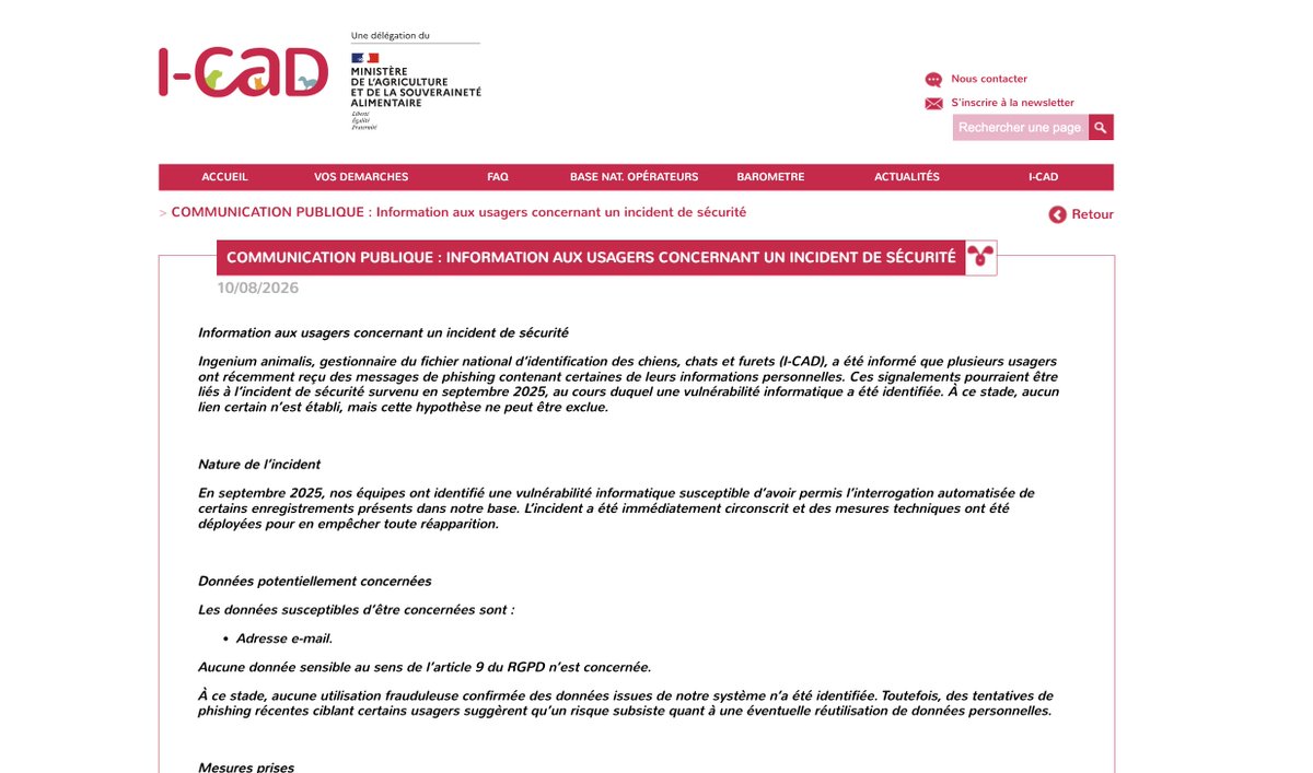 Ced_haurus's tweet photo. 👉 Il y a plusieurs semaines, des abonnés me signalaient une possible fuite de données de l'I-CAD (identification animaux domestiques).
Malgré des échanges avec le service, ils persistaient à déclarer aucun incident.

Près d'un an plus tard, l'I-CAD confirme un incident de sécurité identifié en septembre 2025...
UN AN PLUS TARD.