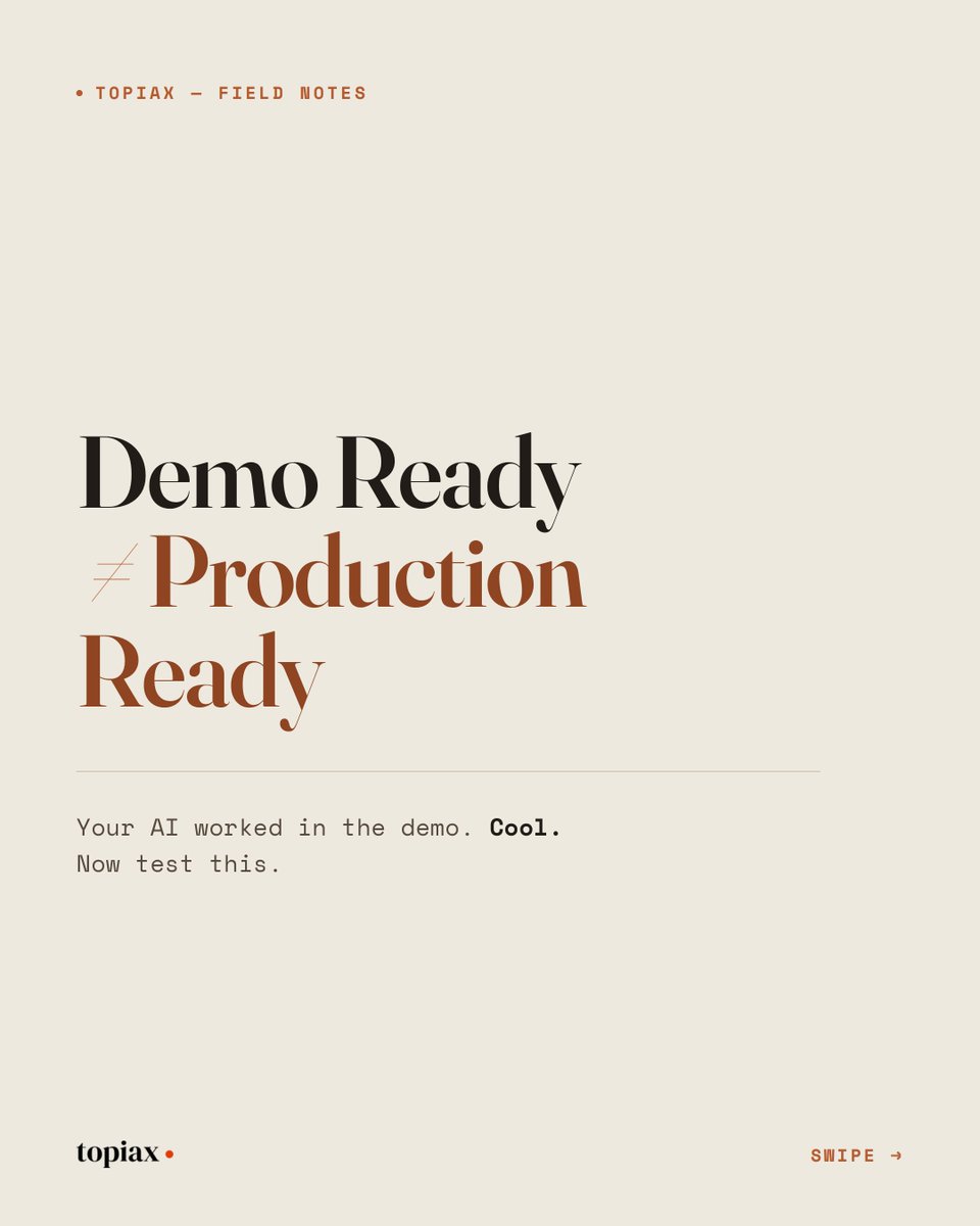 CyprianAarons's tweet photo. Your AI worked in the demo. Cool.

Now test it against:
missing data, timeouts, bad actors, and users doing things you never imagined.

Demo proves feasibility. Production proves the engineering. 🧵👇 https://t.co/UpD3FMjIGw