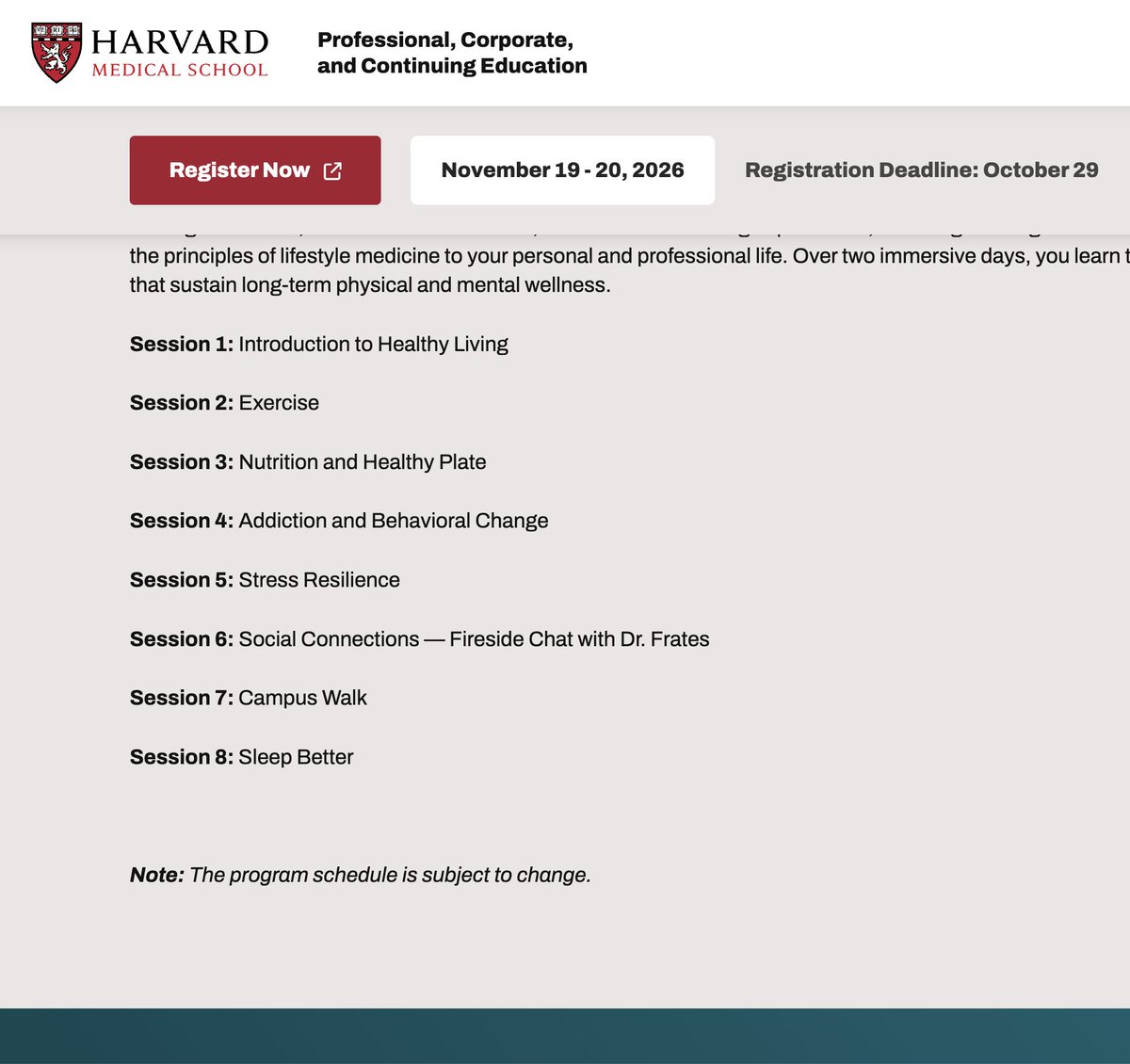 BethFratesMD's tweet photo. https://t.co/onDKuKVwiI

Don't miss out! This in-person immersion program sold out last spring. Harvard Medical School decided to run it again this fall for November 19-20, 2026, on campus. Enjoy top-notch presentations from Harvard Faculty and connect with others interested in optimal health and lifestyle medicine. 

#lifestylemedicine #health #coaching #healthcoach #wellnesscoach #physicians #doctors #healthcare #behaviorchange #healthyliving