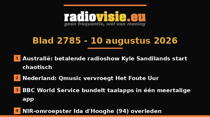 RadioVisieOffic's tweet photo. Blad 2785 • Australië: betalende radioshow Kyle Sandilands start chaotisch • Nederland: Qmusic vervroegt Het Foute Uur • BBC World Service bundelt taalapps in één meertalige app • NIR-omroepster Ida d'Hooghe (94) overleden • https://t.co/5tzCTalB9V #blad #radiovisie #radio https://t.co/Z3lU4SGpeS