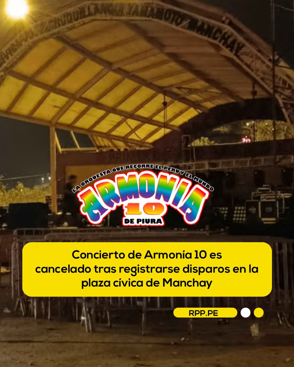 RPPNoticias's tweet photo. 🚨 Una presunta balacera desató el pánico entre los asistentes al concierto de la orquesta Armonía 10, realizado en la plaza cívica de Manchay como parte de las celebraciones por el aniversario del distrito de Pachacámac. El evento, que se desarrollaba en un espacio a campo abierto, tuvo que ser cancelado de emergencia para salvaguardar la integridad del público y de los artistas.

De acuerdo con los videos difundidos por los propios asistentes a través de las redes sociales, la agrupación apenas había interpretado sus primeros temas musicales cuando se escucharon más de tres disparos. En las imágenes se aprecia cómo el público buscó refugio de inmediato ante el temor de verse afectado por los proyectiles.

➡️ Más información aquí: https://t.co/nLJWyUNySZ