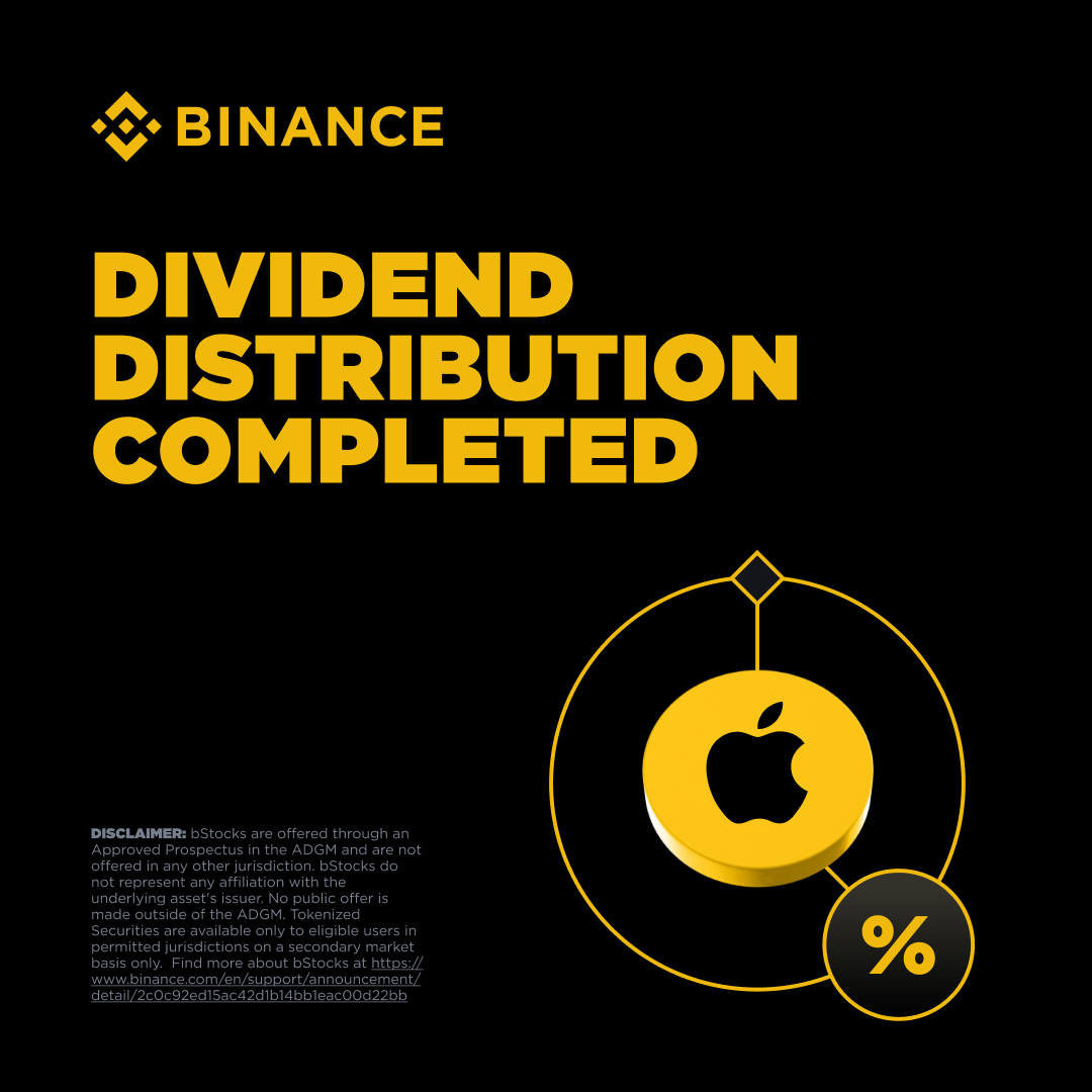 binance's tweet photo. Apple bStock (AAPLB) dividends are now in your Spot Wallet ✅

If you were holding tokens before 10 Aug 2026, your dividend should now be available.

→ $0.27 USD dividend per share
→ Distributed as additional AAPLB

Thank you for being part of Binance bStocks. 🫡 https://t.co/KV4trtEYgZ