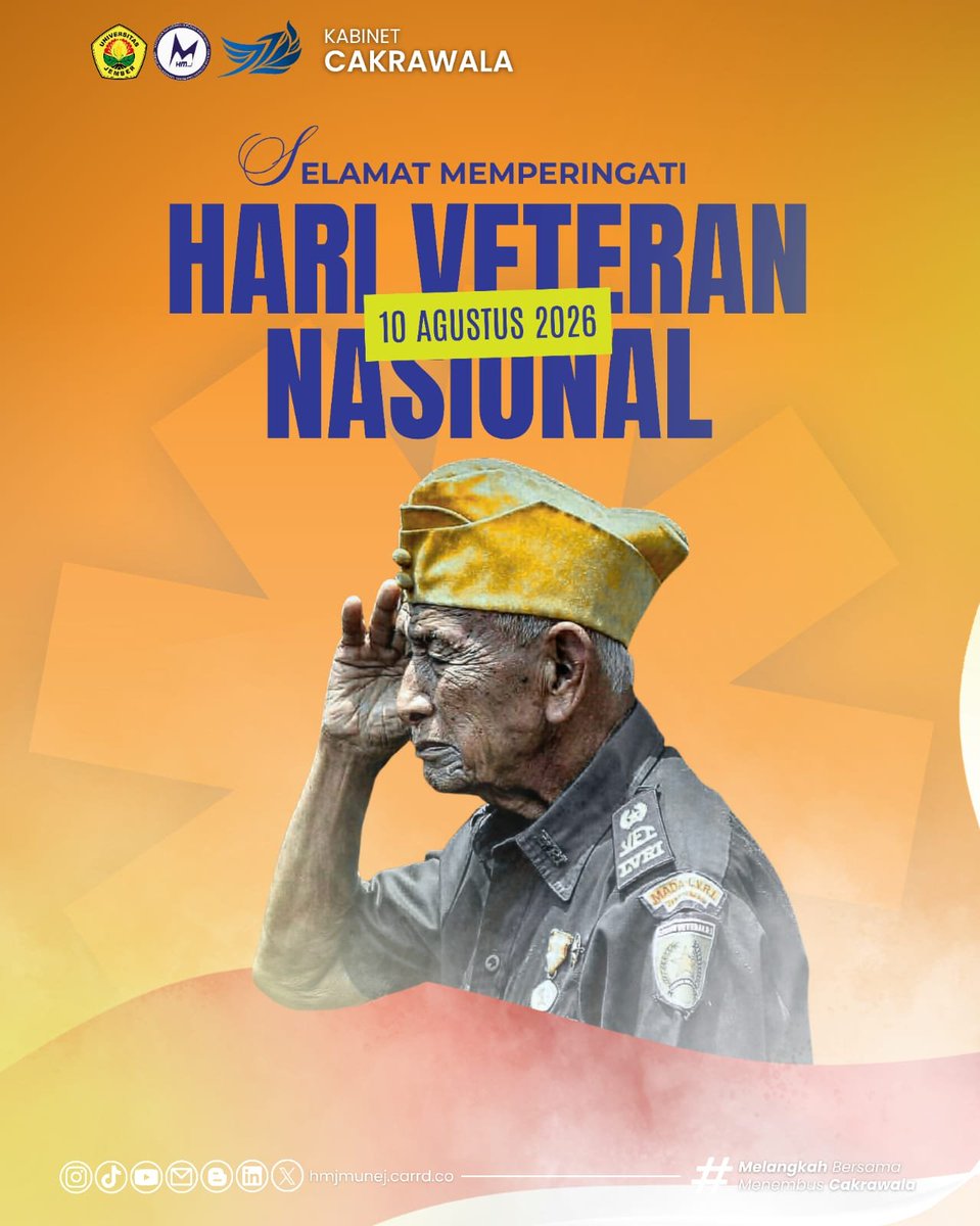 hmjmunej's tweet photo. Hari Veteran Nasional menjadi momentum mengenang dan menghargai jasa para veteran yang berjuang demi bangsa. 

Mari jaga persatuan dan terus berkontribusi bagi Indonesia.🇮🇩✨

#HMJMFEBUNEJ
#KabinetCakrawala
#UniversitasJember
#HariVeteranNasional https://t.co/CBPAnnofrm