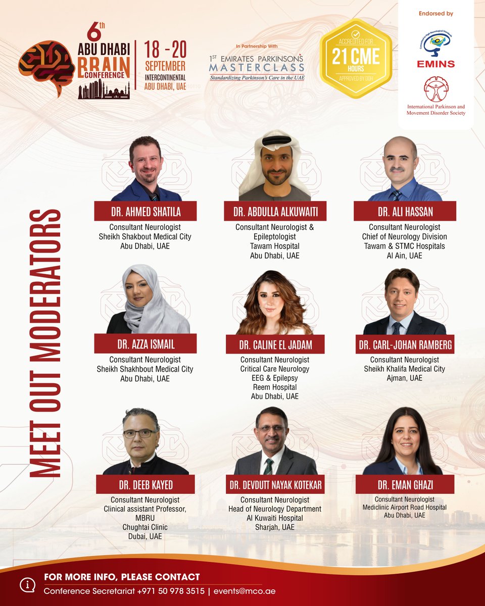 MCO_UAE's tweet photo. Meet the full moderator team for the 6th Abu Dhabi Brain Conference, 27 neurologists across the UAE.

Sept 18-20, Abu Dhabi. 21 CME hours (DOH approved).

Link: https://t.co/A0K8Bf5OpQ

#AbuDhabiBrainConference #Neurology https://t.co/ix2ewesXBB