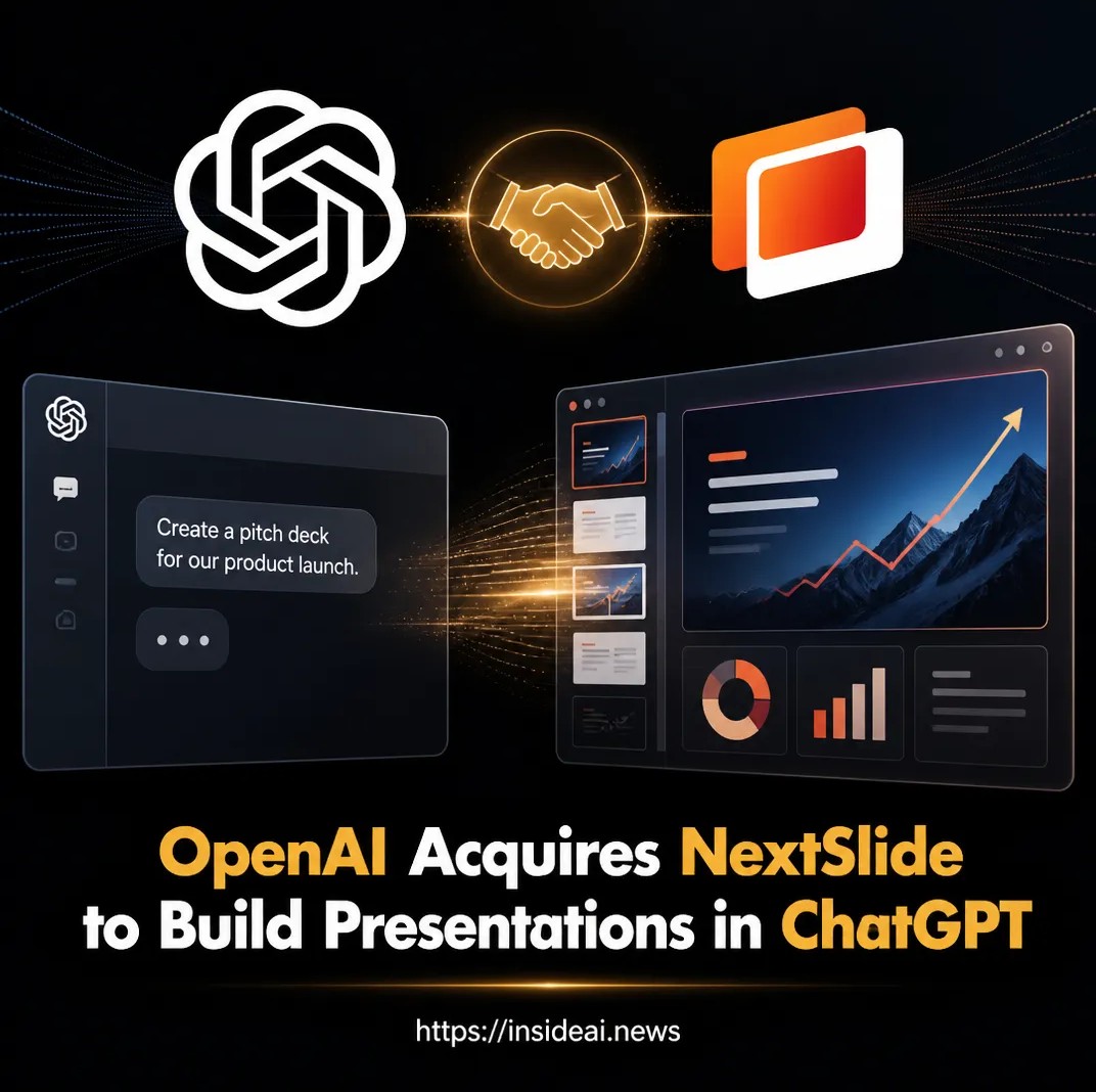 InsideAIDaily's tweet photo. OpenAI just bought a small AI presentation startup months ago. The team is now inside ChatGPT, and it could change how you build slide decks. Full story: https://t.co/HGIwRW1ODC https://t.co/X44WXSn8BU