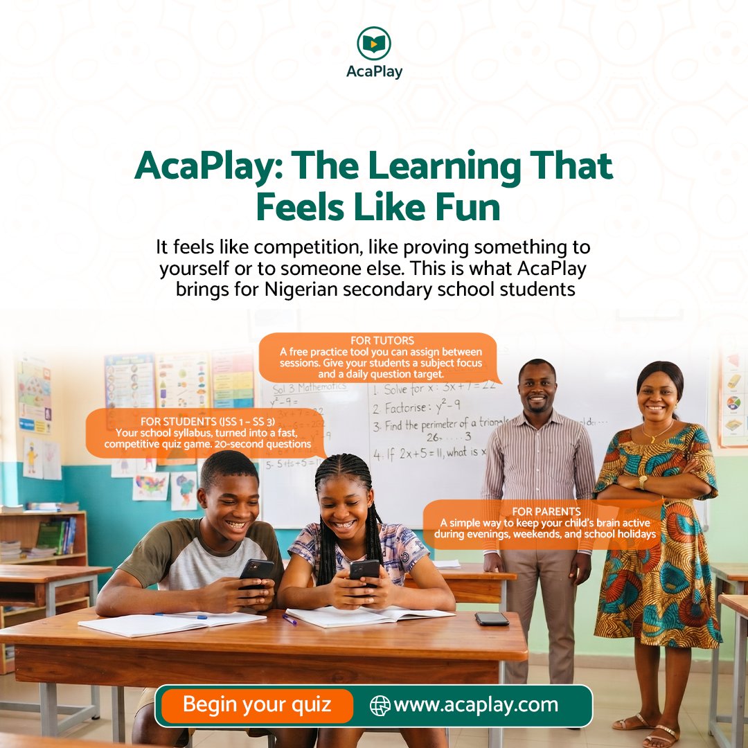 Acaplayng's tweet photo. Sometimes, the best way to get a student to practise is to make it feel less like extra schoolwork.

It is free, simple, and built around the Nigerian secondary school curriculum.

Give your child something fun to learn today. 

Start a quiz at https://t.co/CFRwvw51g0 https://t.co/jNV7KKvwLi