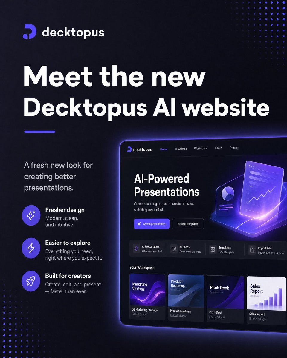 decktopus's tweet photo. Loop, Carousel Maker, and everything else we launched last month. 

Here's what's new at Decktopus AI:
• Carousel Maker
• Loop: an AI delivery coach for presentation practice
• New website design
• Embed: place any presentation directly on an external page
• Share via link https://t.co/kPGhtFQqFk