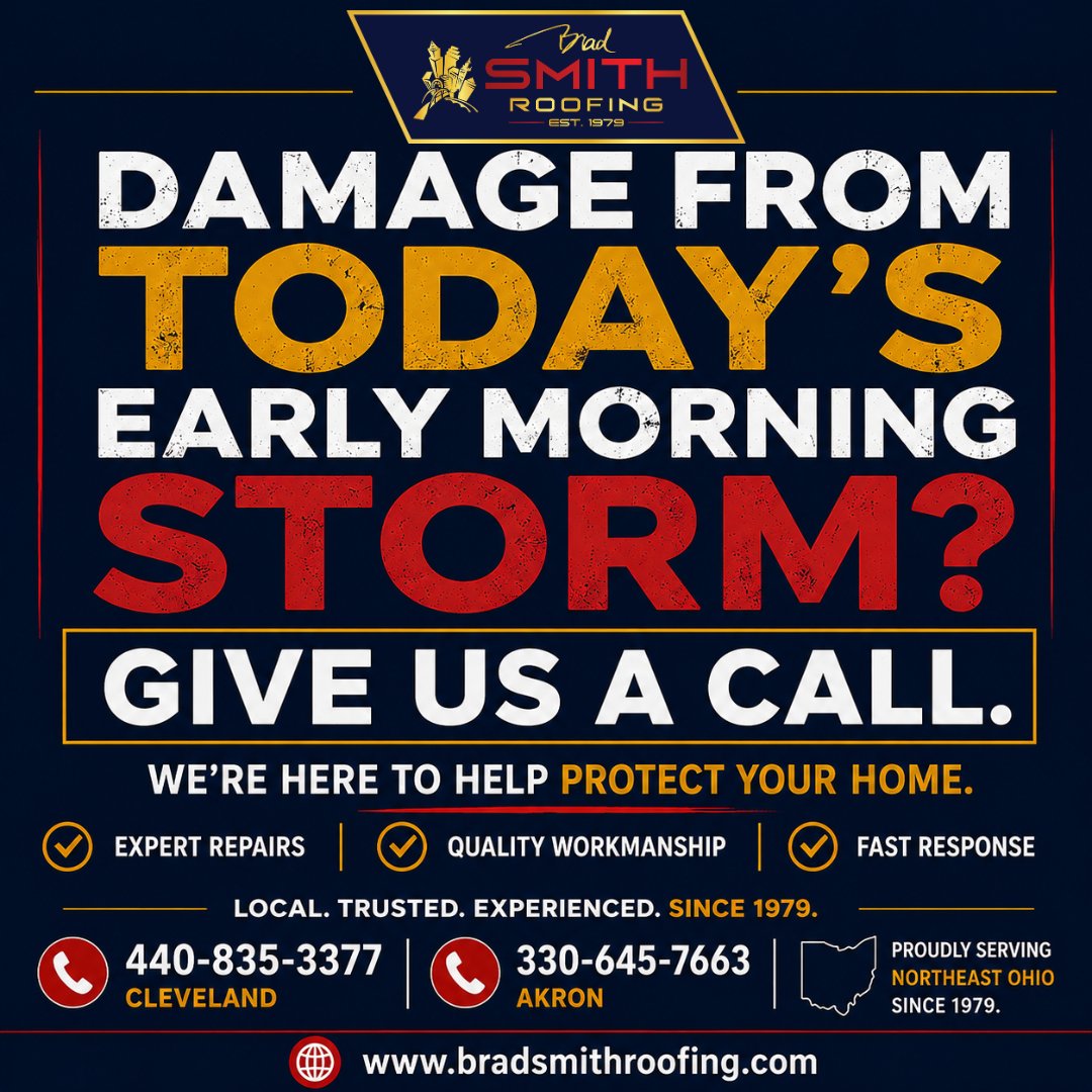 BradSmithRoof's tweet photo. ⛈️ Did this morning’s storm leave damage behind?If you’re concerned about your roof after today’s storm, give our experienced team a call.
📞 Cleveland: 440-835-3377
📞 Akron: 330-645-7663
🌐 www.bradsmithroofing.comLocal. Trusted. Experienced.
#BradSmithRoofing #StormDamage https://t.co/HP4dkSPwTo