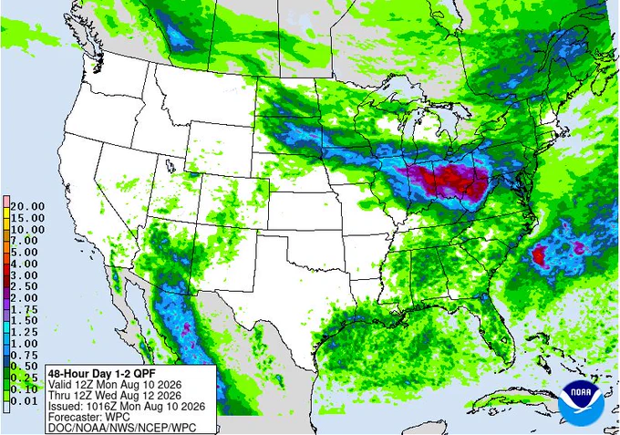 A map of North America from the Weather Prediction Center (WPC) showing a 48-hour quantitative precipitation forecast across the contiguous United States.

Shaded regions display expected precipitation totals. Light green shading (0.01 to 0.50 inches) covers large parts of the eastern half of the U.S. and the Southwest. Blue, purple, and red shading indicate heavier precipitation (1.00 to 4.00+ inches) centered over the Midwest, Ohio Valley, and Mid-Atlantic, with the highest amounts across Illinois, Indiana, Ohio, Kentucky, and West Virginia.