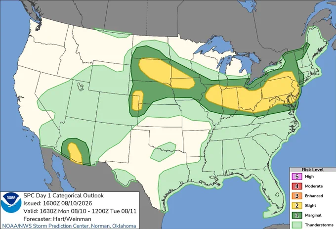 A map of the contiguous United States showing the Storm Prediction Center (SPC) Day 1 Categorical Outlook for severe weather risks.

Light green shading covers large parts of the U.S., indicating general thunderstorm risk. Dark green shading (Marginal Risk, Level 1) extends across the Northern Plains, Midwest, Ohio Valley, Mid-Atlantic, Northeast, and southern Arizona. Yellow shading highlights Slight Risk (Level 2) areas in three regions: 1) the Northern Plains (SD, ND, MN), 2) a stretch from the Midwest through the Ohio Valley into the Mid-Atlantic (IL, IN, OH, WV, PA, MD, VA), and 3) southern Arizona.