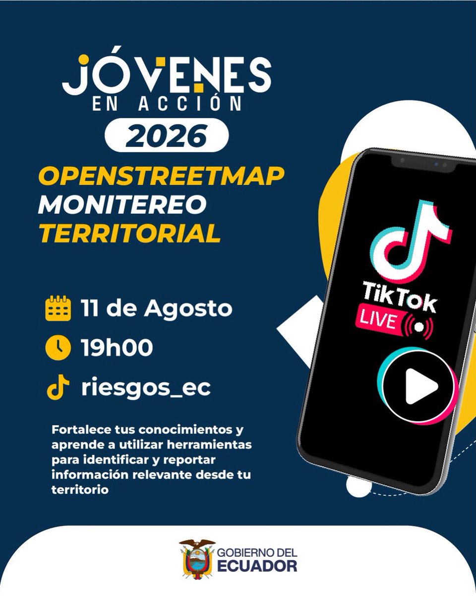 Riesgos_Ec's tweet photo. 🗺️ ¡Aprende a monitorear tu territorio con OpenStreetMap!

Conéctate a nuestro TikTok Live y conoce herramientas para identificar y reportar información relevante desde tu comunidad.

📅 11 de agosto
🕖 19h00
📲 TikTok: @riesgos_ec

#GobiernoDelEcuador https://t.co/j9fps7uCK2