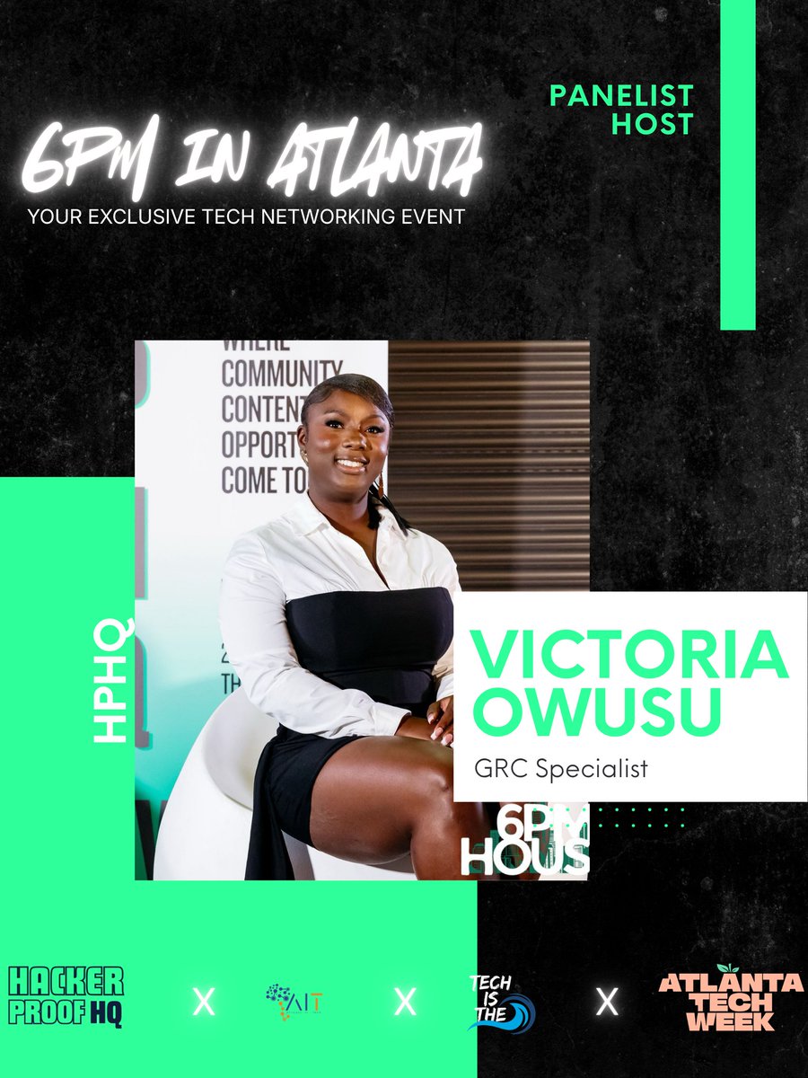 HackerproofHQ's tweet photo. 6pm in Atlanta

Hosted by Victoria Owusu, GRC Specialist.

Panelists: Ava Toro, Global Researcher, Jhante C, Azure Cloud Consultant, and Fanta-Marie Toure, Cybersecurity Consultant.

📅 Aug 11 | 6PM to 9PM
📍 Mistora Atlanta
3195 Roswell Rd NW, Atlanta, GA 30305 https://t.co/5XDts731Wt