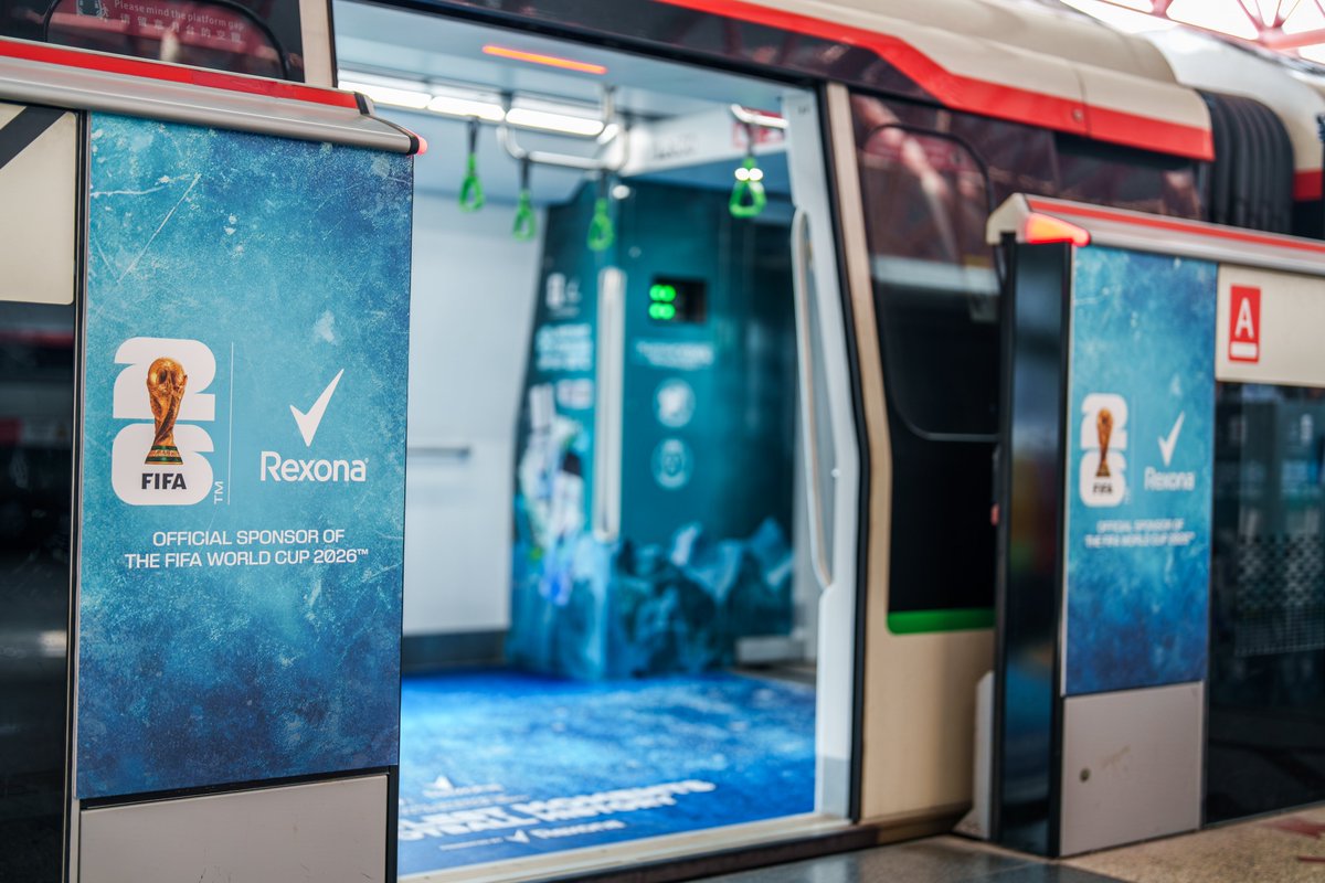 Unilever's tweet photo. Rexona’s FIFA World Cup 2026™ activation turned a Singapore train into an unexpected and immersive brand experience. Reaching an estimated 600,000+ commuters and generating around 1 million organic views within 24 hours of its first campaign post.

#UnileverPCxFIFAWorldCup https://t.co/t33qm6AJGX