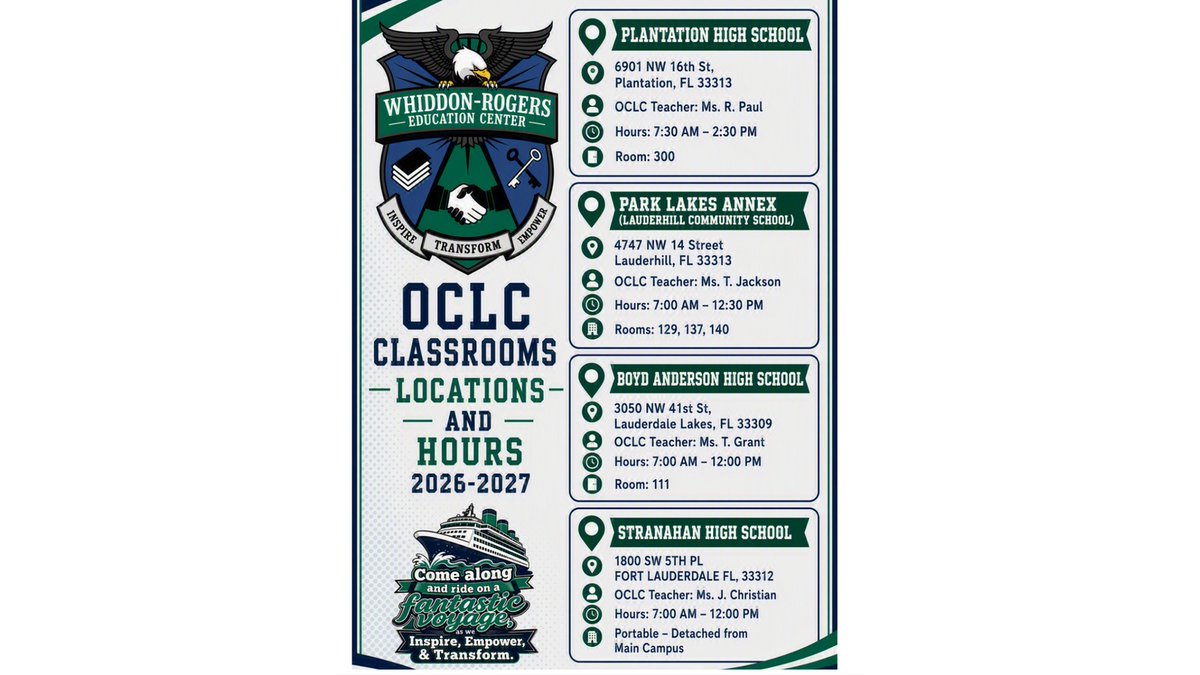 WhiddonRogers's tweet photo. 📚 OCLC Classrooms for 2026-2027 are ready! Check the flyer for locations, room numbers, teachers, and operating hours at Plantation HS, Park Lakes Annex, Boyd Anderson HS, and Stranahan HS.
@browardschools @HowardHepburn @BCPSCentral 

🚢 Inspire • Transform • Empower https://t.co/jnmgZDnqKc