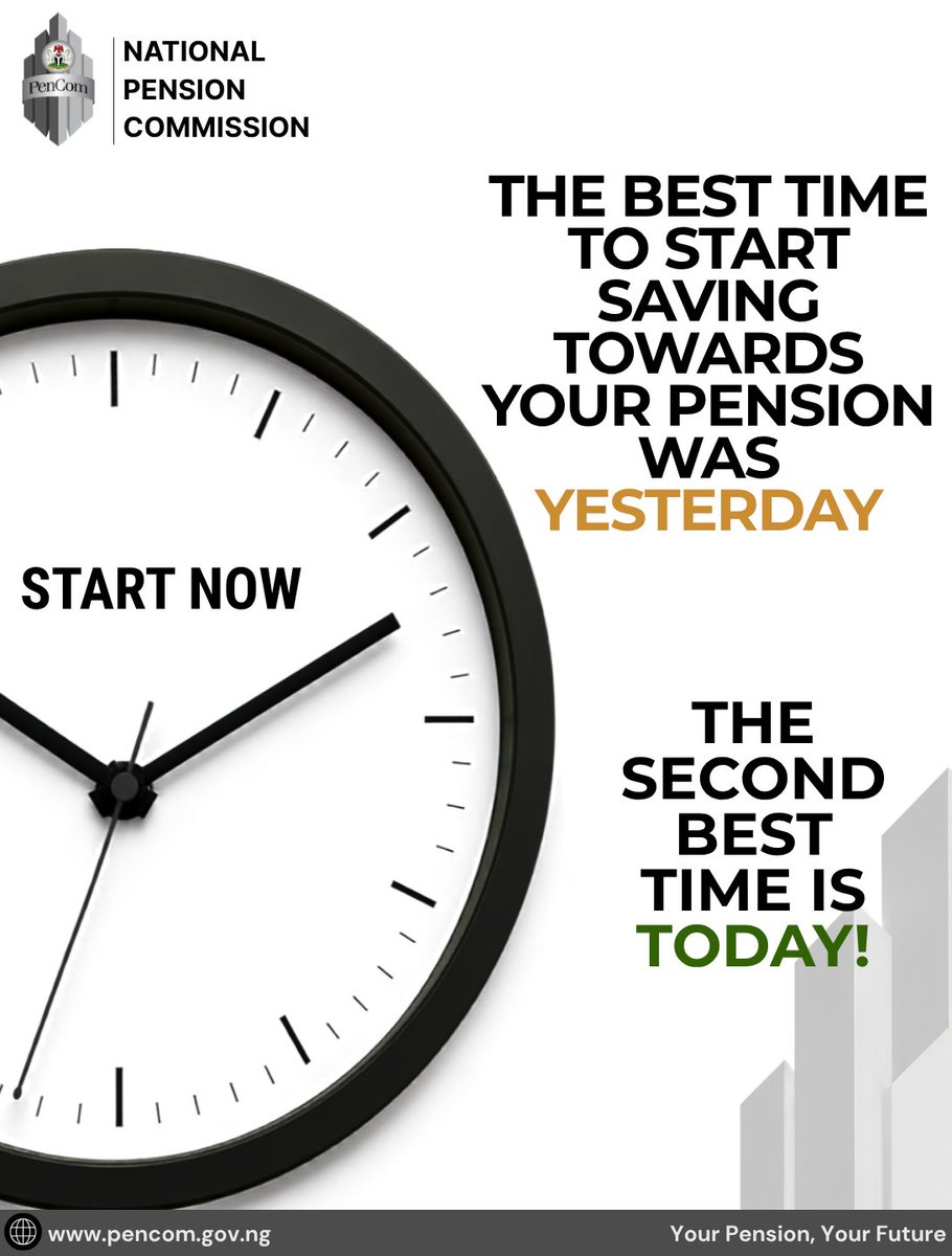 PenComNig's tweet photo. Monday Motivation
Start saving for your future today!
With the Contributory Pension Scheme (CPS), every contribution is a step towards a more secure retirement.
#MondayMotivation #YourPensionYourFuture #PenCom https://t.co/bQ17uvaQSd