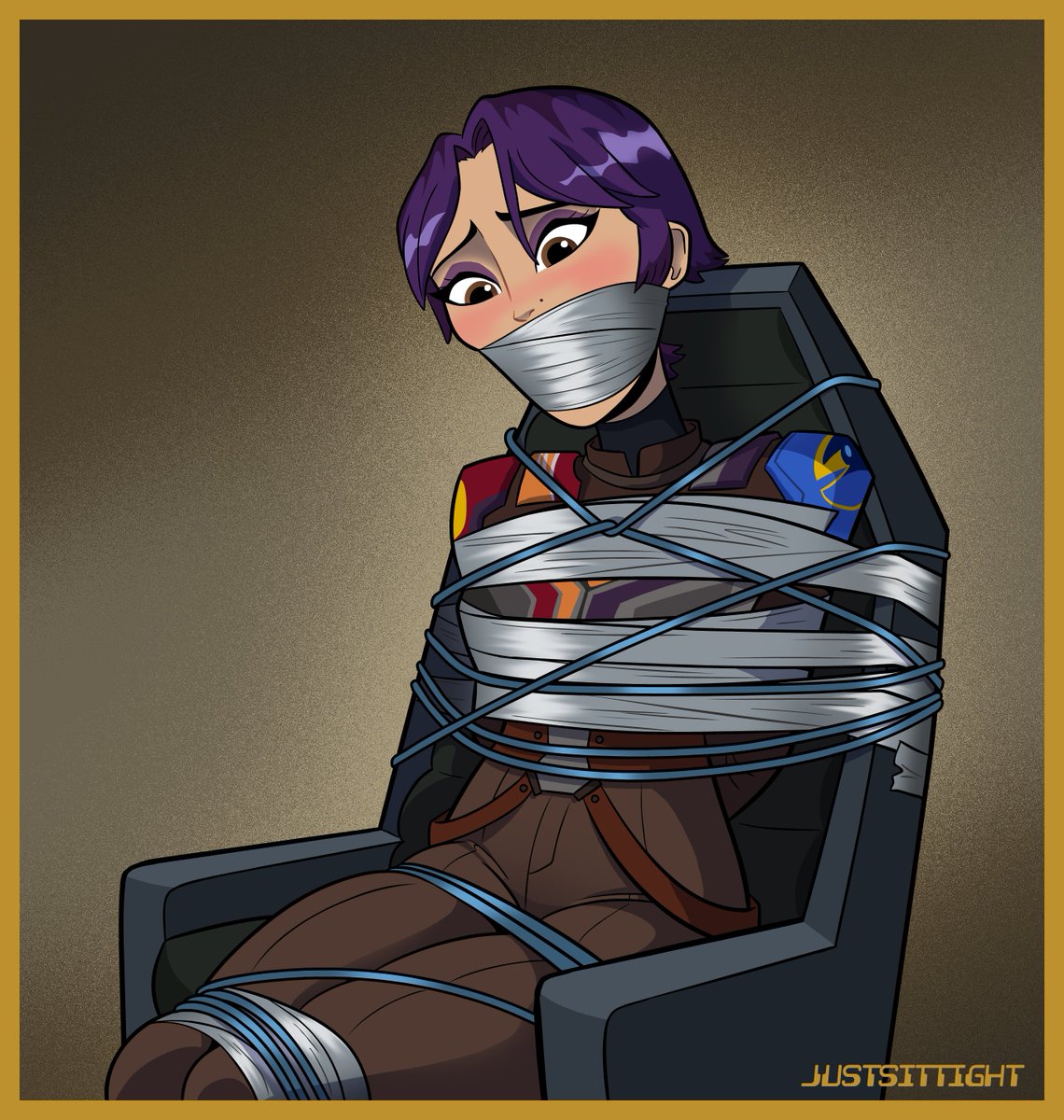JUSTSITTIGHT's tweet photo. Recent commission of the Star Wars character Sabine Wren.

I can never deny a good chair tie! Especially with tape and metal ropes!  Don't think she'll be going anywhere for a while... https://t.co/OlW1LLANAr