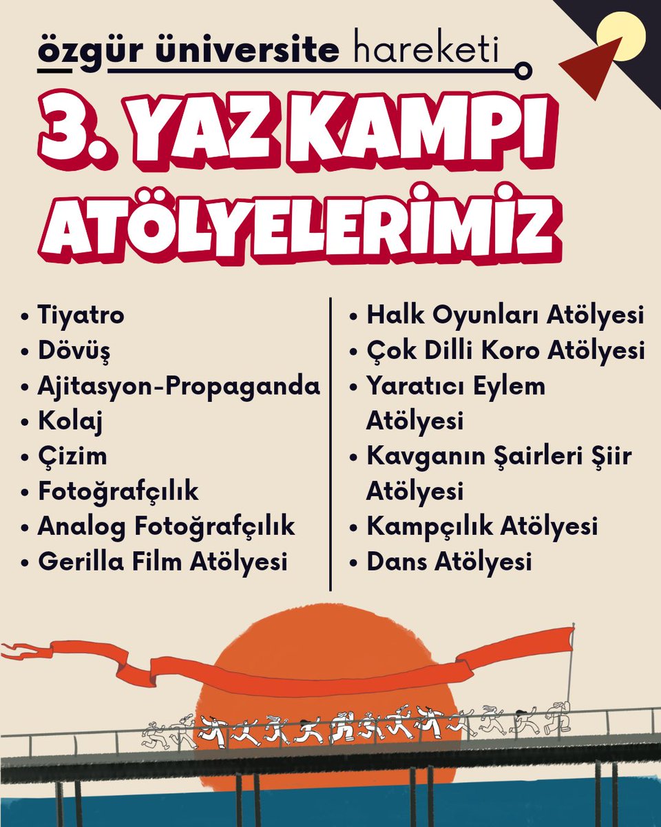 ozgurunihrk10's tweet photo. Özgür Üniversite Hareketi 3. Yaz Kampı Atölyelerimiz!!!

Tiyatrodan ajitasyon-propagandaya, halk oyunlarından gerilla filme kadar geniş bir yelpazede atölyelerimiz seni bekliyor. 

Katılım İçin 👇
https://t.co/7EORYFrL4M https://t.co/MlUwiKMpZS