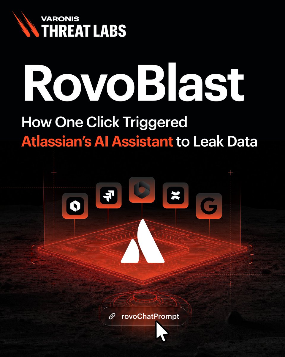 varonis's tweet photo. One click. Zero jailbreak. Full data exposure.

Varonis Threat Labs just released RovoBlast, a vulnerability in Atlassian's AI assistant, in which a single crafted link can seed attacker instructions directly into a user's trusted session.

No prompt surgery. No permission bypass. No warning shown to the user.

This is the same pattern we've now seen across Copilot, Gemini, ChatGPT, and more: Enter → Evade → Escape. Untrusted input becomes a command, guardrails don't catch it, and a built-in feature becomes the exit door.

Atlassian has since resolved this vulnerability. 
🔗 Read the research: https://t.co/b97abRBuUN