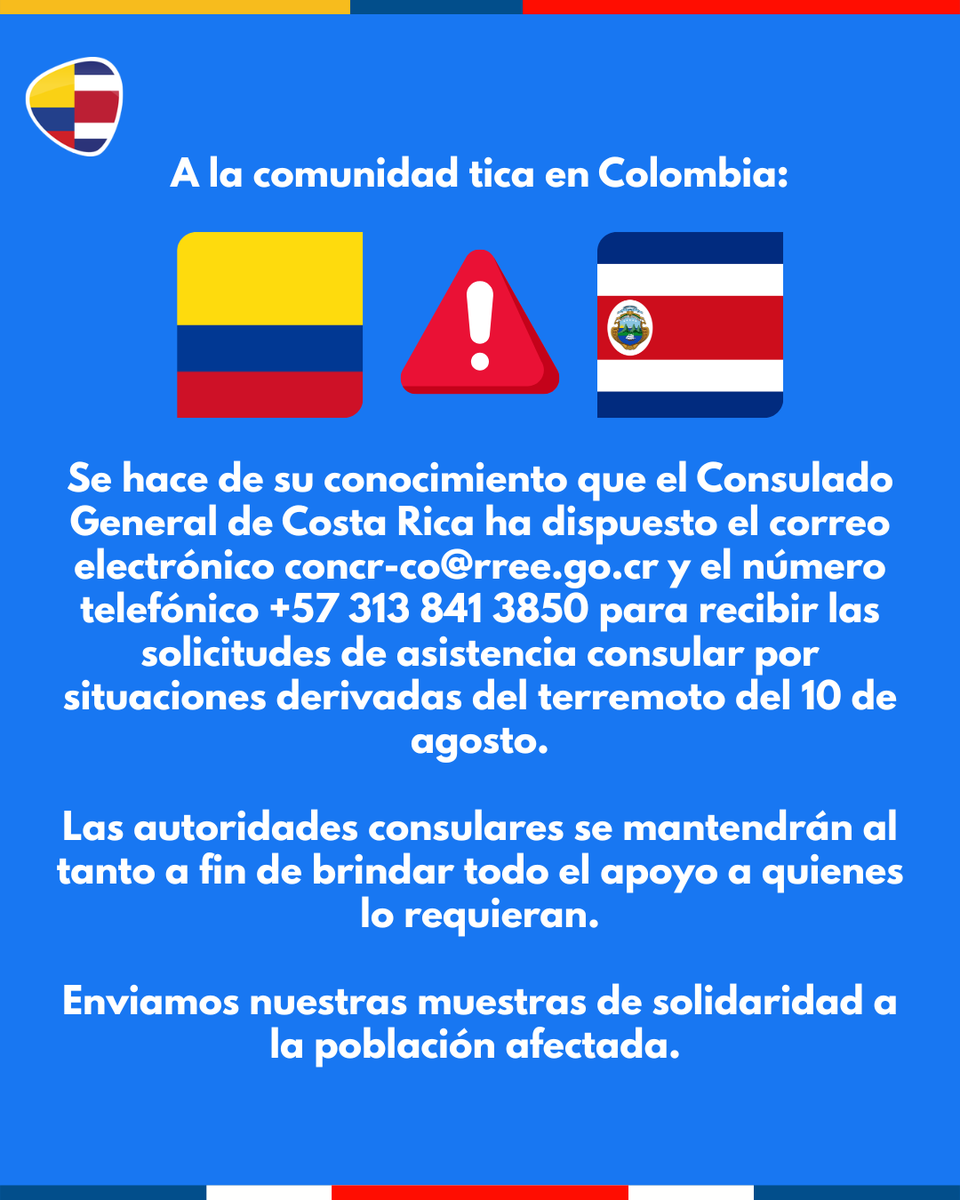 Colombiaencr's tweet photo. A la colonia costarricense en Colombia, la embajada de Costa Rica informa #temblor #colombia #colombianosencostarica #ticos #ticosencolombia https://t.co/ySNyMR5UY3