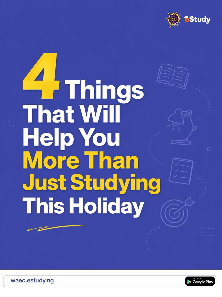 eStudy_ng's tweet photo. Dear Incoming WAEC candidates 🥳

It’s holiday season, and here are 4 things you can do to get a head start on your WAEC prep. Swipe to find out 👉🏽

Plus, we have a bonus tip for you 😉✨

Sign up: https://t.co/CofciLoc6C to get started.

#WASSCE #WAECStudents #WAECeStudy https://t.co/I4MZ5Wk6vQ