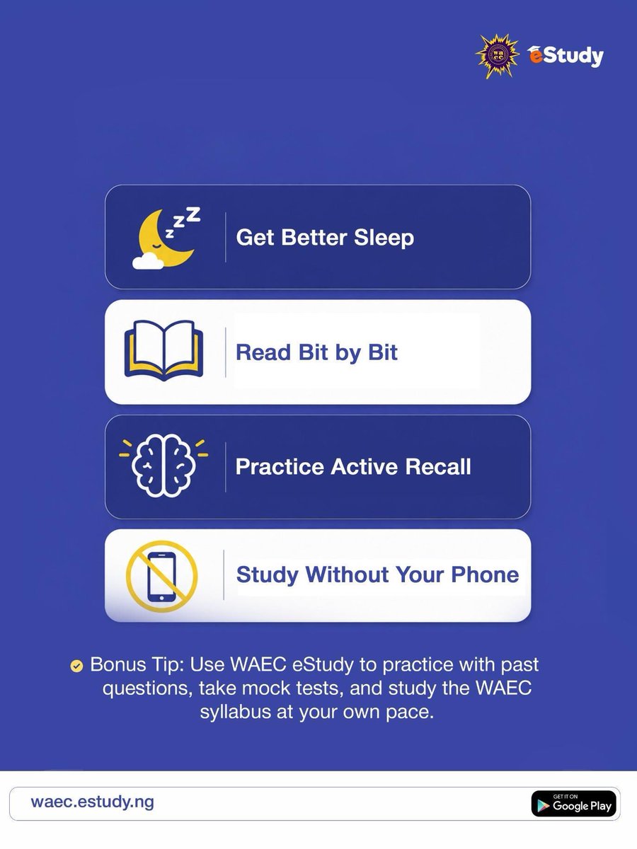 eStudy_ng's tweet photo. Dear Incoming WAEC candidates 🥳

It’s holiday season, and here are 4 things you can do to get a head start on your WAEC prep. Swipe to find out 👉🏽

Plus, we have a bonus tip for you 😉✨

Sign up: https://t.co/CofciLoc6C to get started.

#WASSCE #WAECStudents #WAECeStudy https://t.co/I4MZ5Wk6vQ