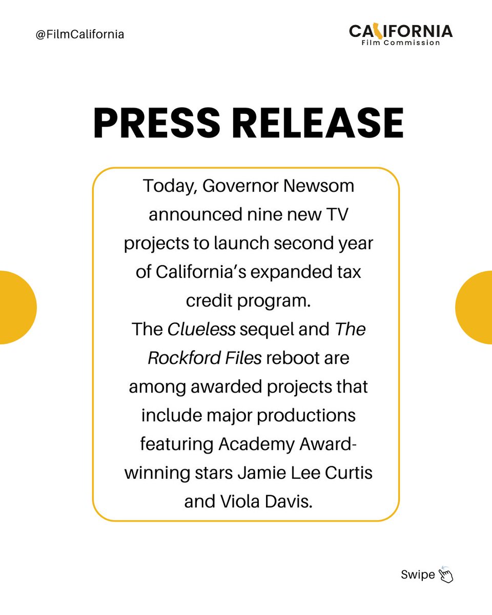 FilmCalifornia's tweet photo. 📣 Press Release: Tax Credit Program 4.0 Year 2 Approved Television Projects

https://t.co/h8J3jqglxd 

#FilmCalifornia #FilmCA #California #Film #Television https://t.co/r9surCpL6p