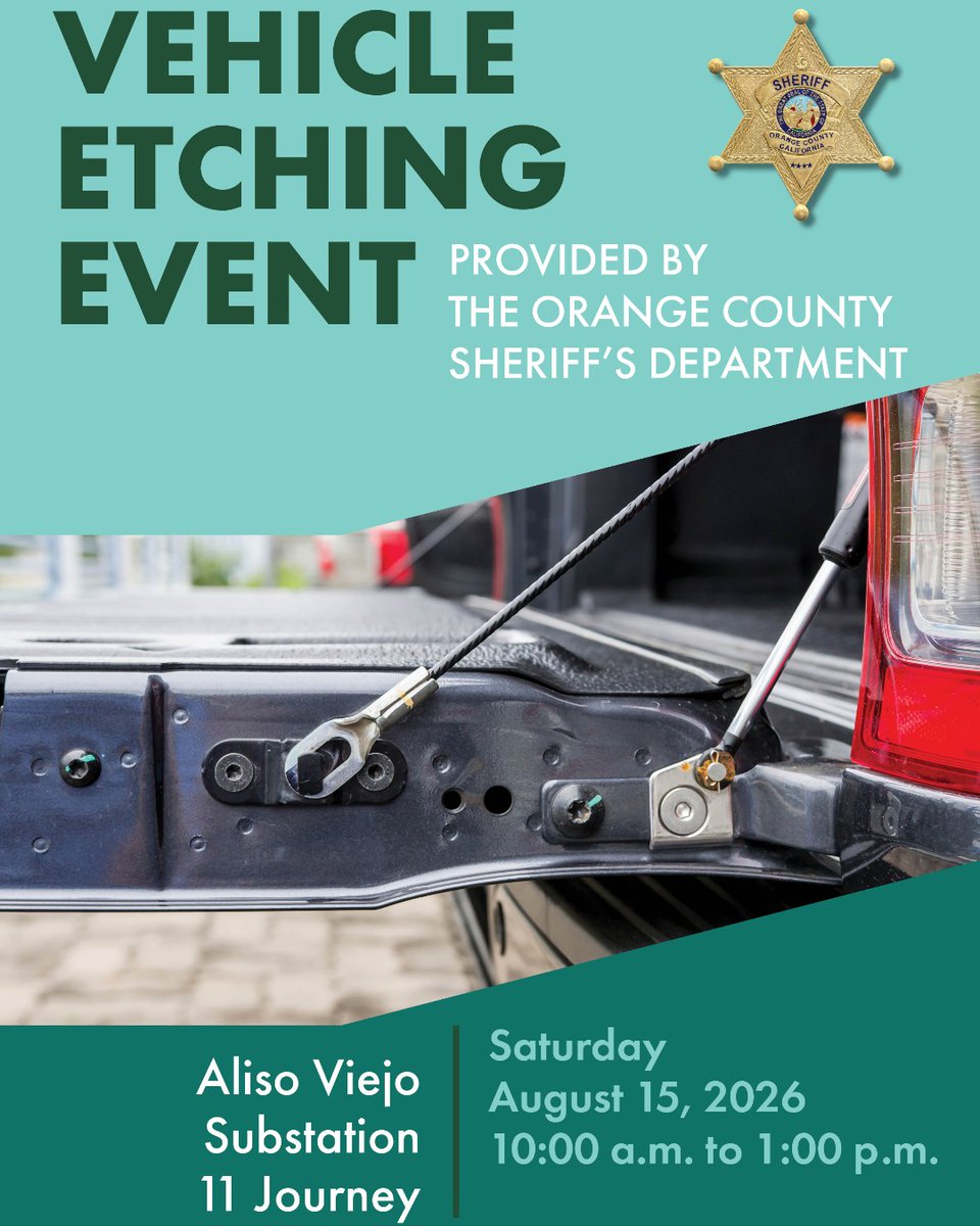 OCSheriff's tweet photo. Join us for a FREE Tailgate VIN Etching Event and add an extra layer of protection to your truck! This event is free and open to all community members. No appointment needed, just drive up! We'll see you there. 🚔 https://t.co/hQKZgfL9zA