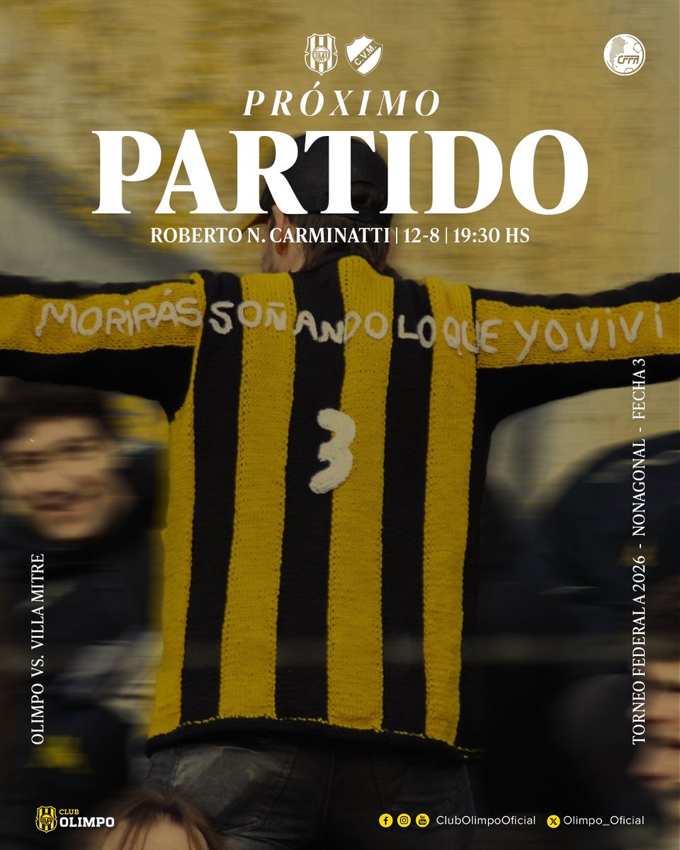 Olimpo_Oficial's tweet photo. 🔜 𝗣𝗥𝗢𝗫𝗜𝗠𝗢 𝗣𝗔𝗥𝗧𝗜𝗗𝗢
.
🏆 Torneo Federal A 2026.
⚽ Nonagonal - Fecha 3.
🆚 Villa Mitre.
📆 Miércoles 12-8.
⏰ 19:30.
🏟️ Roberto N. Carminatti.
���️ Ezequiel Billone Carpio.
.
#𝘝𝘢𝘮𝘰𝘴𝘖𝘭𝘪𝘮𝘱𝘰 💛🖤 https://t.co/jUCfnqGiTi