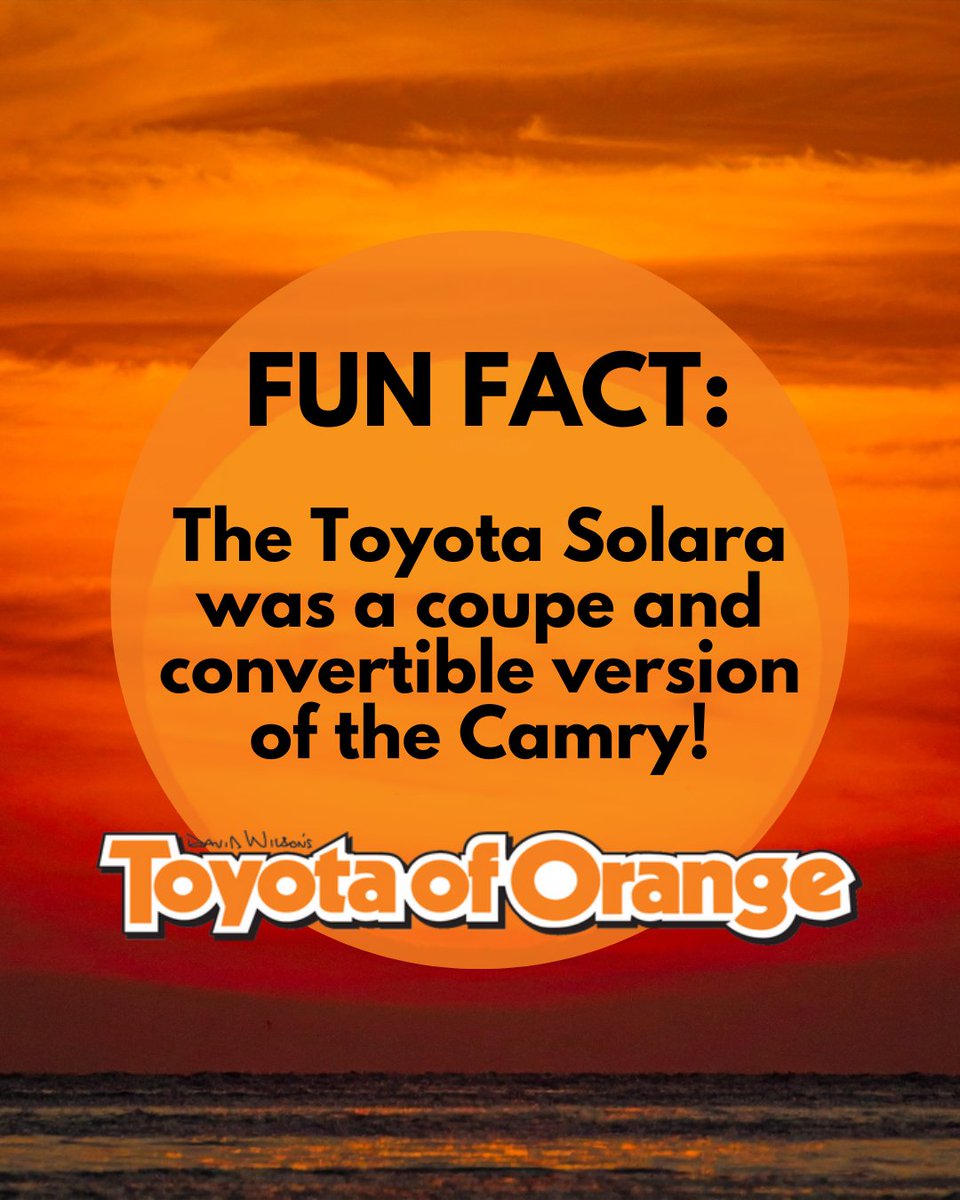 ToyotaOfOrange's tweet photo. Throwback to the Toyota Solara! ☀️🚗

Who remembers the Solara? Did you ever own one, or would you love to see it make a comeback? Let us know in the comments! 👇

#ToyotaofOrange #ToyotaSolara #ThrowbackThursday #ToyotaHistory #ToyotaClassics https://t.co/R4diceBmdT