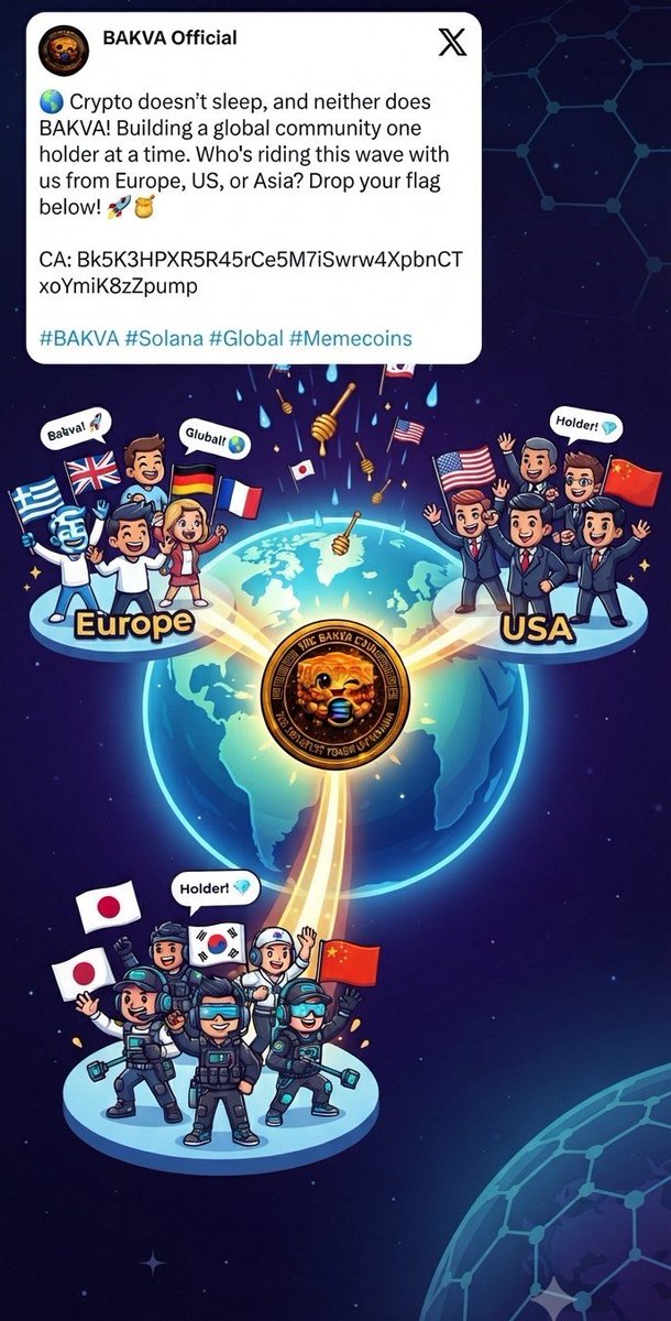 BakvaOfficial_'s tweet photo. 🌍 Crypto doesn't sleep, and neither does BAKVA! Building a global community one holder at a time. Who’s riding this wave with us from Europe, US, or Asia? Drop your flag below! 🚀🍯

CA: Bk5K3HPXR5R45rCe5M7iSwrw4XpbnCTxoYmiK8zZpump

#BAKVA #Solana #Global #Memecoins https://t.co/kuThCEnbuA