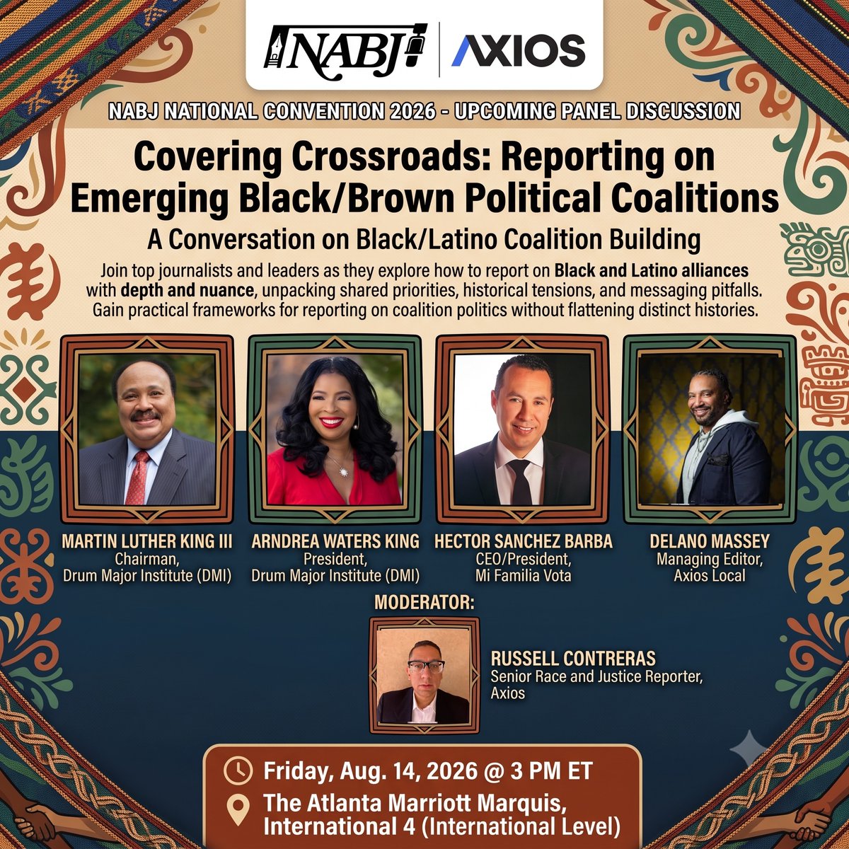 OfficialMLK3's tweet photo. This Friday at #NABJ2026, I'll join @ArndreaKing, @Hesanche, and @axios' Delano Massey for a conversation on Black and Latino coalition building, moderated by @RussContreras. Our communities share a long history of standing together for justice. 

Let's talk about what that looks like today.