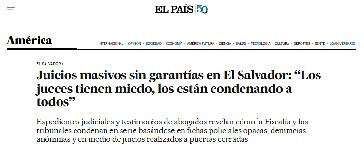 Cristosal's tweet photo. 🖊️ Sobre El Salvador, una nota de @elpais_america recoge la posición de nuestro equipo jurídico de Cristosal, que señala que solo las instancias internacionales podrán, en el futuro, obligar a las autoridades a responder y determinar responsabilidades individuales ante posibles condenas injustas.

“El Estado está obligado al respeto de los derechos humanos y las garantías procesales, al igual que sus operadores. Por lo tanto, el Estado y los funcionarios pueden ser responsables cuando se han cometido crímenes de lesa humanidad como detenciones arbitrarias, desapariciones, torturas o muertes bajo custodia cuando se han realizado de forma generalizada y sistemática”, detalla el medio.

🔗 Lee la nota completa en el siguiente enlace: https://t.co/CxFrumBltm